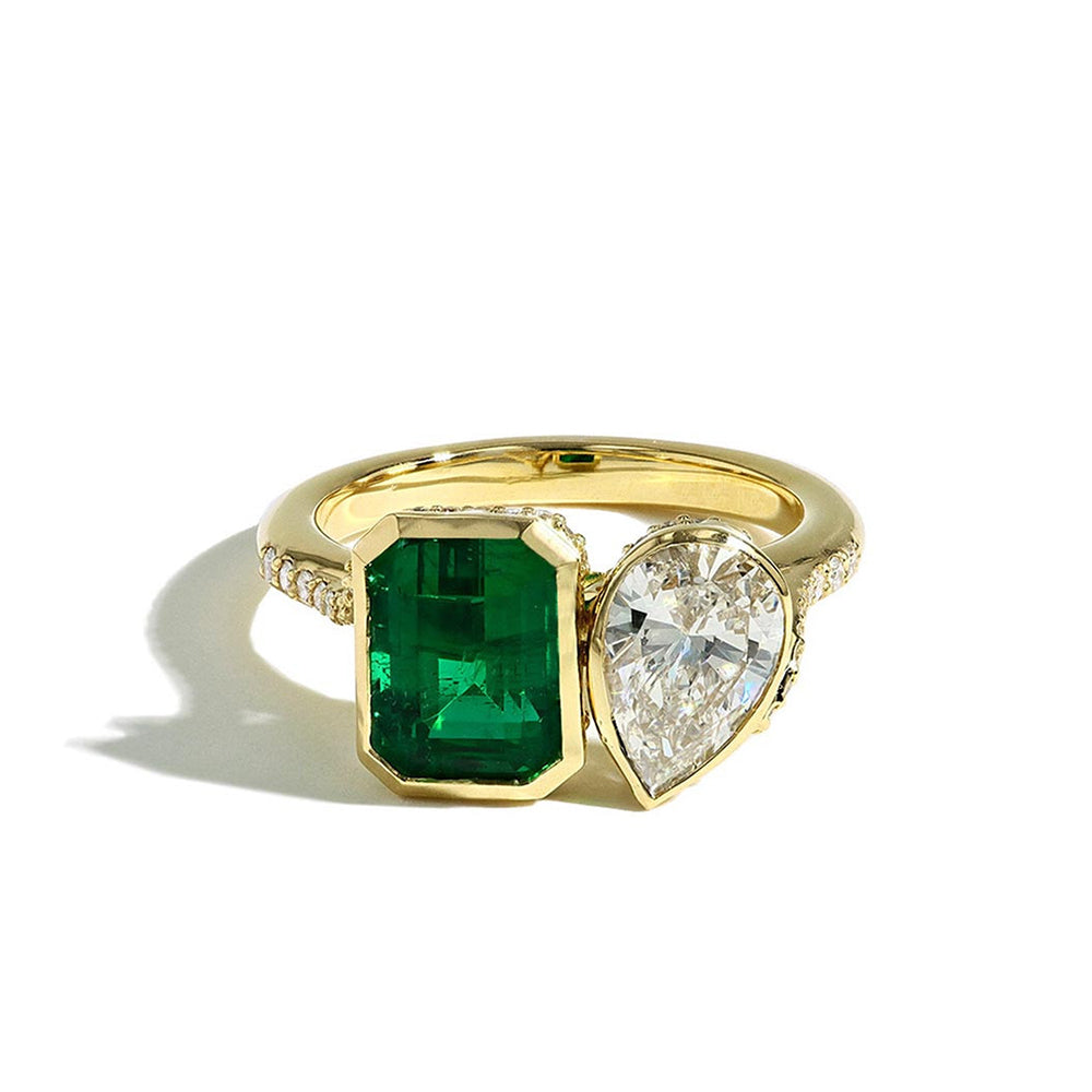 Robert Pelliccia Emerald and Pear Shaped Diamond Toi et Moi Ring