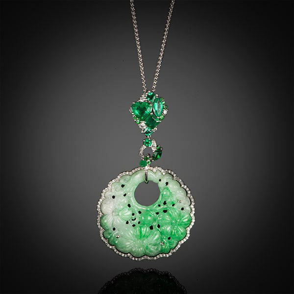 Robert Pelliccia White Gold Jade, Emerald and Tsavorite Carved Flower Pendant (Chain Sold Separately)