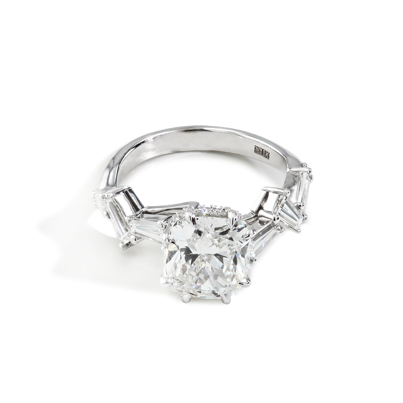 Robert Pelliccia 3 Carat Cushion Cut Baguette Side Stone Engagement Ring