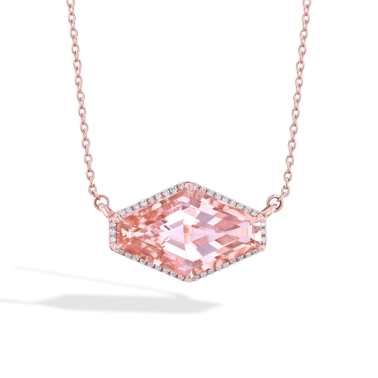 East-West Hexagon Morganite Halo Diamond Pendant