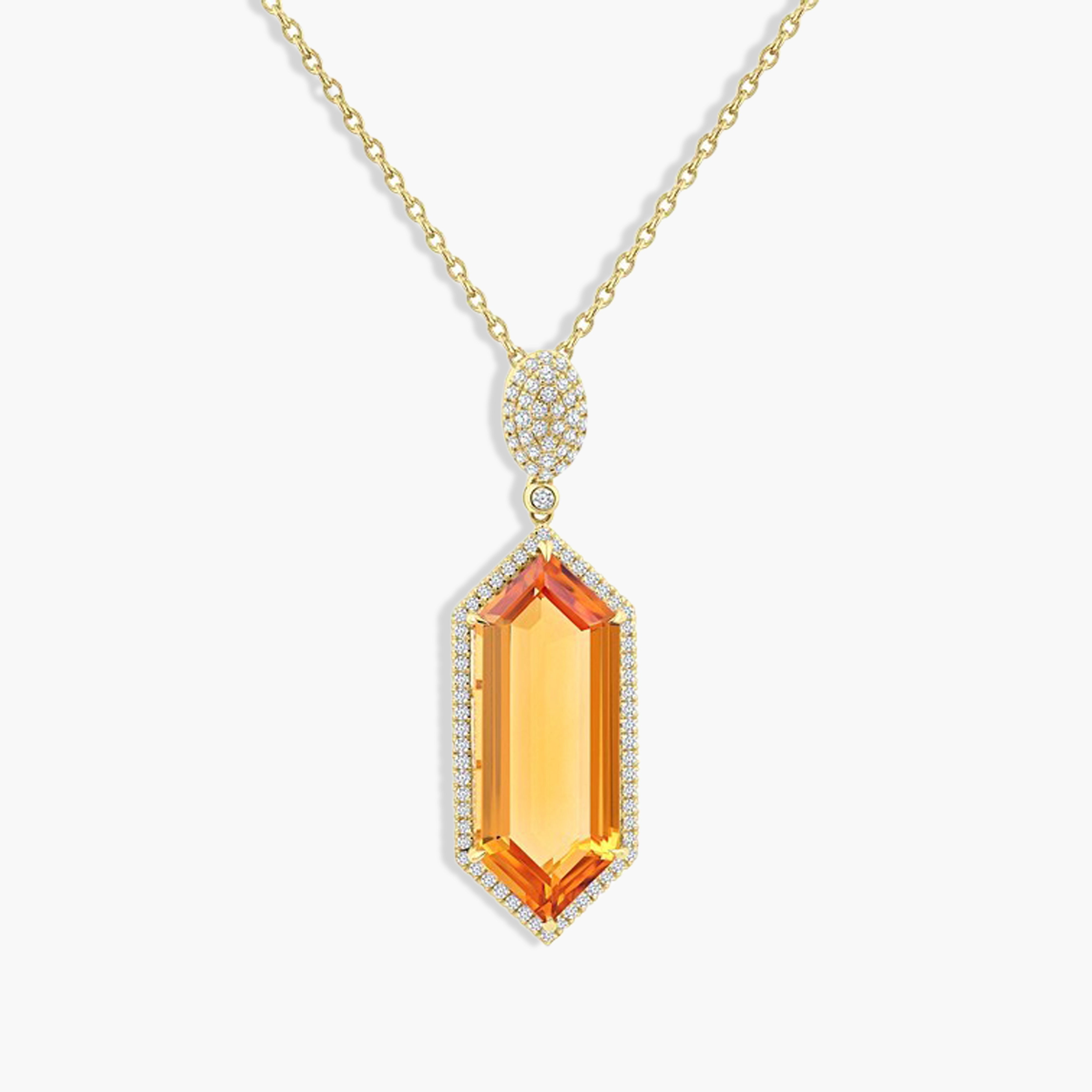 Hexagonal Citrine and Diamond Halo Pendant Necklace