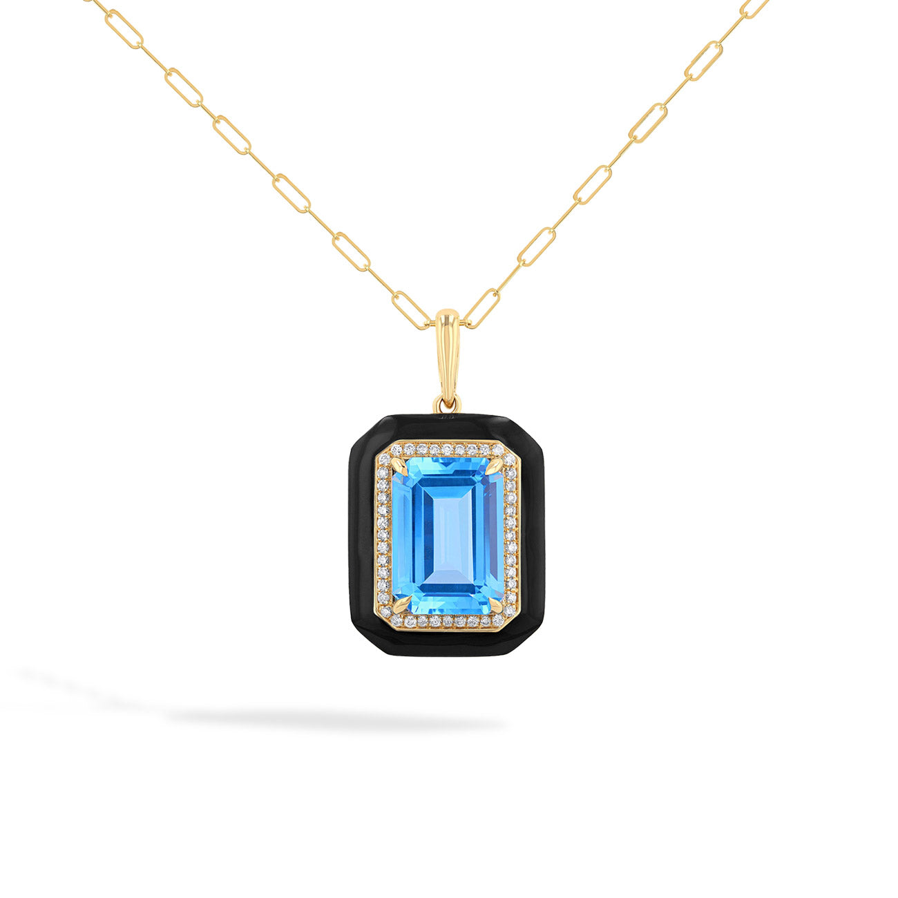 Large Blue Topaz and Black Enamel Pendant Necklace