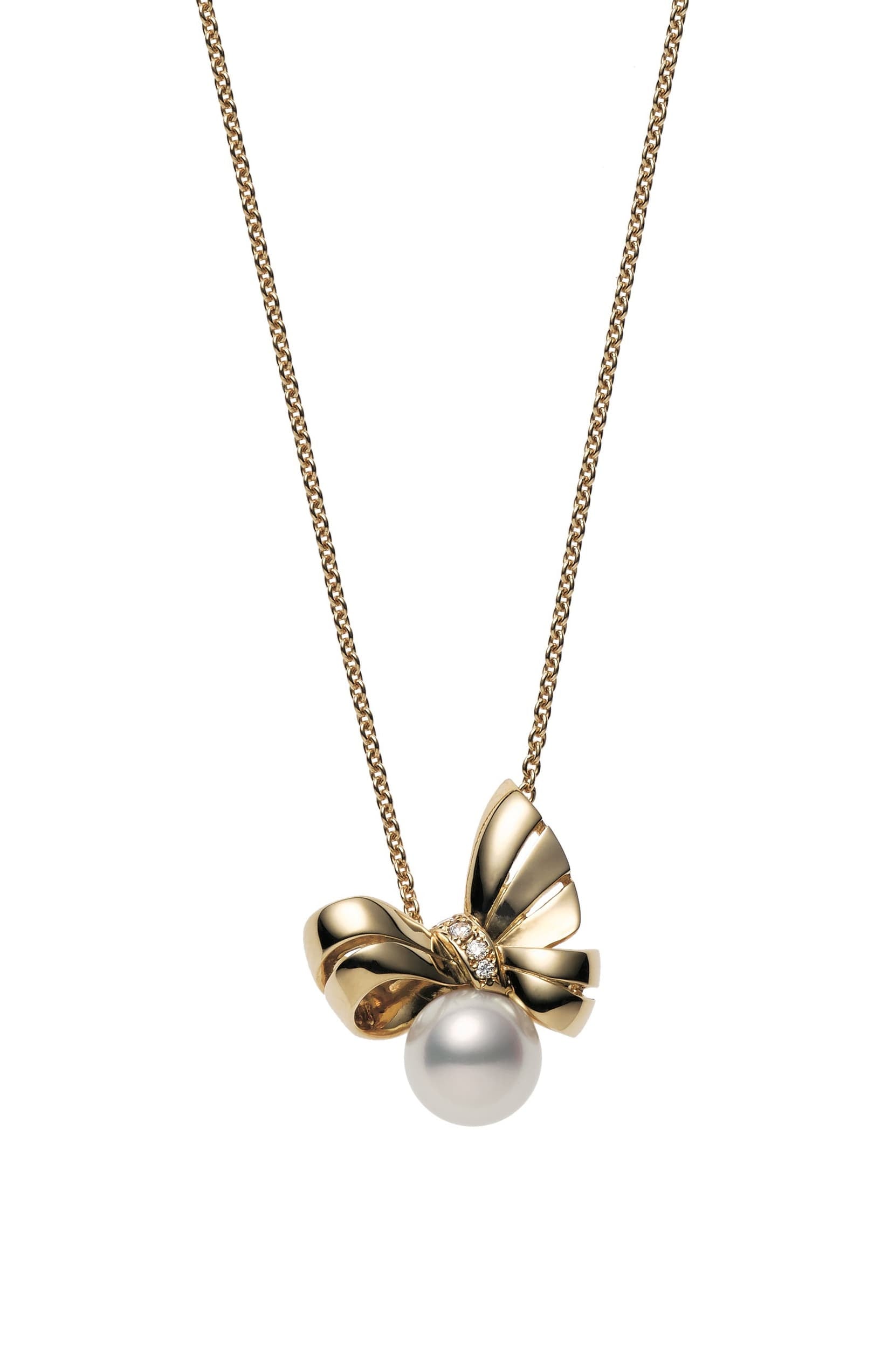 Mikimoto Yellow Gold Bow Diamond Pearl Necklace