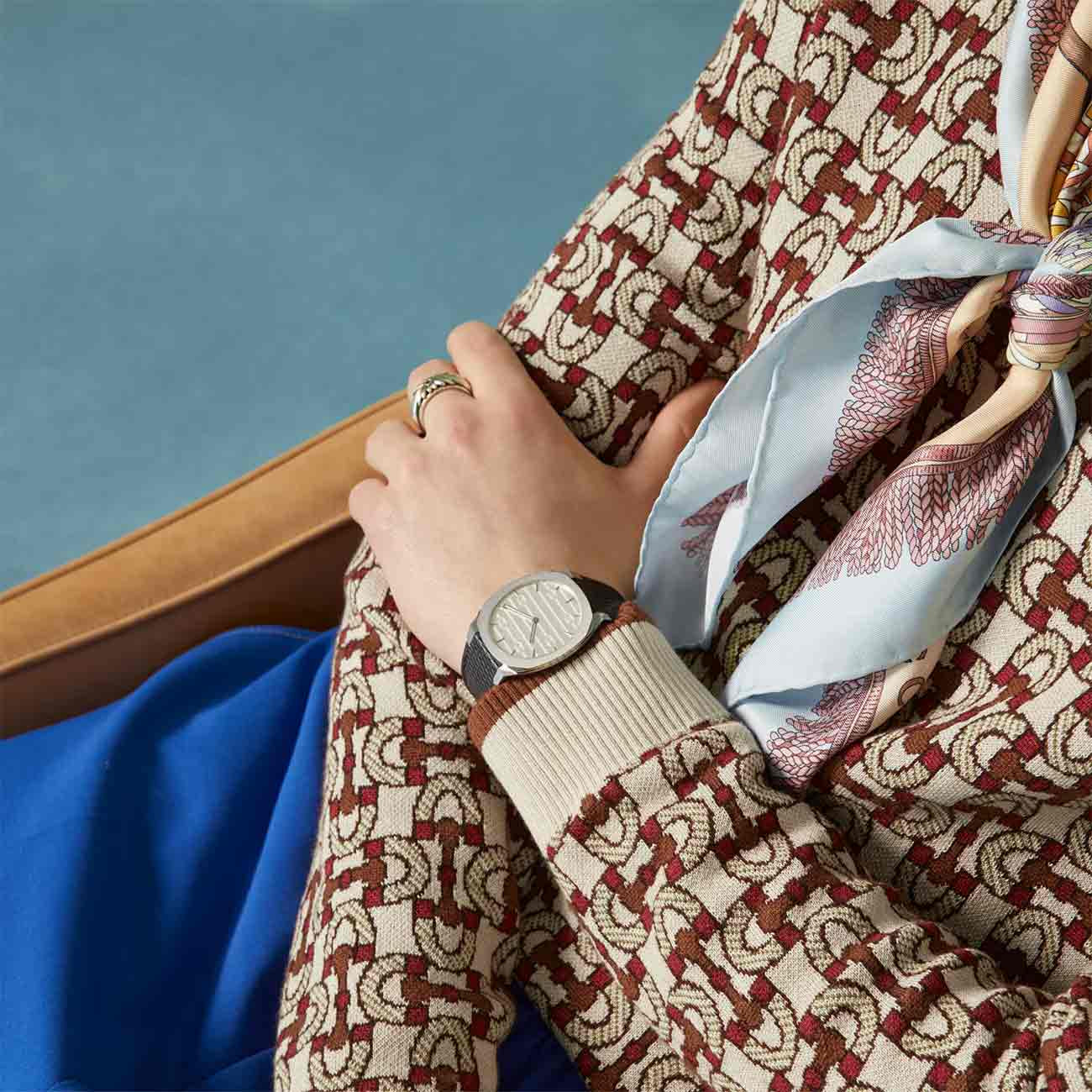 Gucci 25H Stainless Steel Watch with Black Leather Strap - 34mm