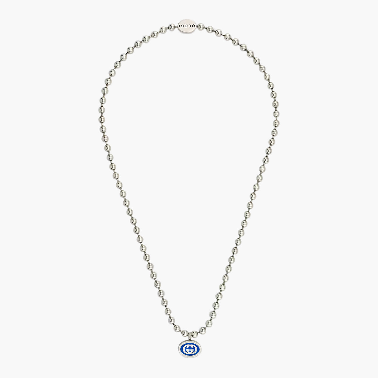Gucci Interlocking Silver Boule Chain Necklace with Blue Enamel