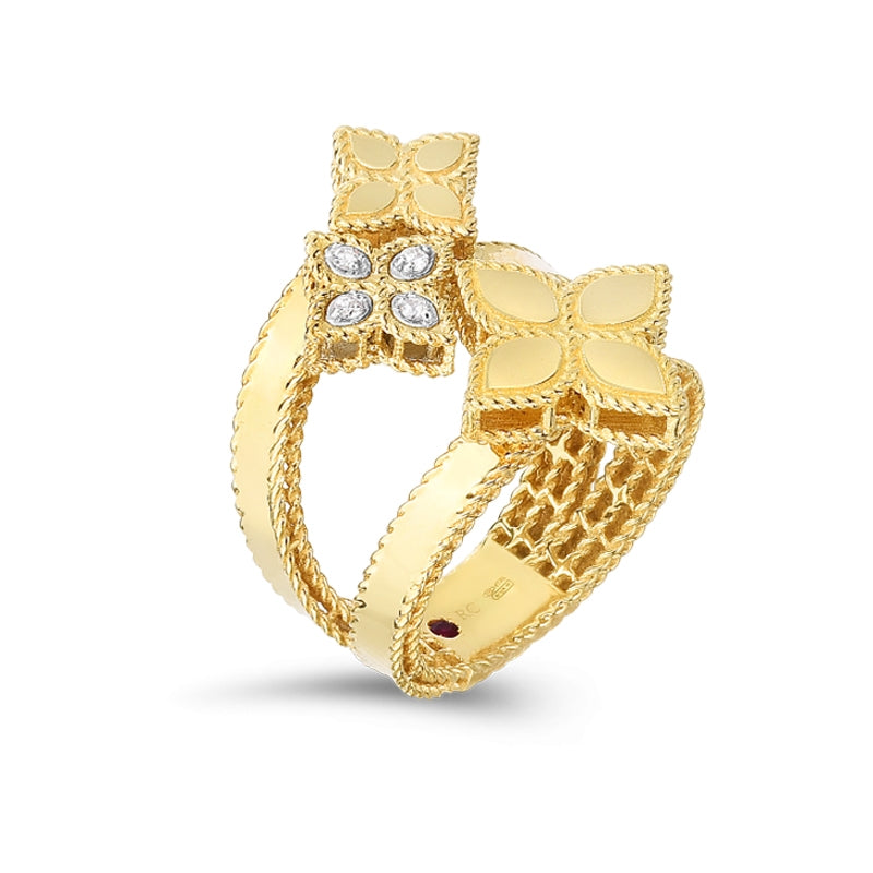 Roberto Coin Princess Flower Yellow Gold Three Flower Diamond Bypass Ring