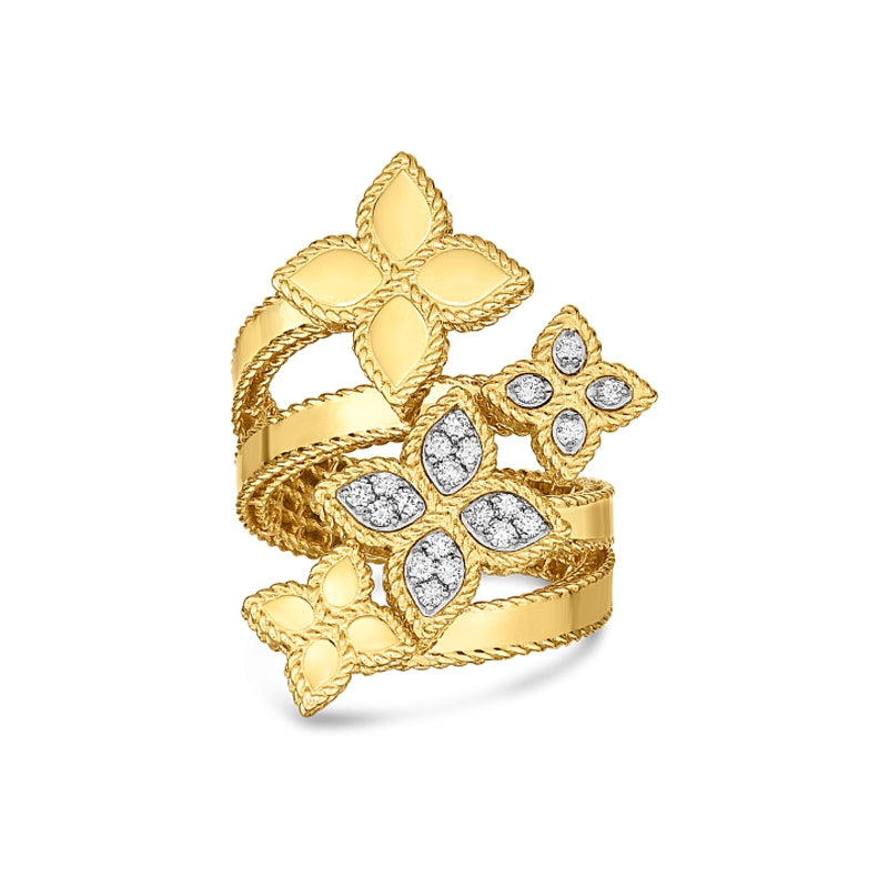 Roberto Coin Princess Flower Yellow Gold Four Flower Diamond Bypass Ring