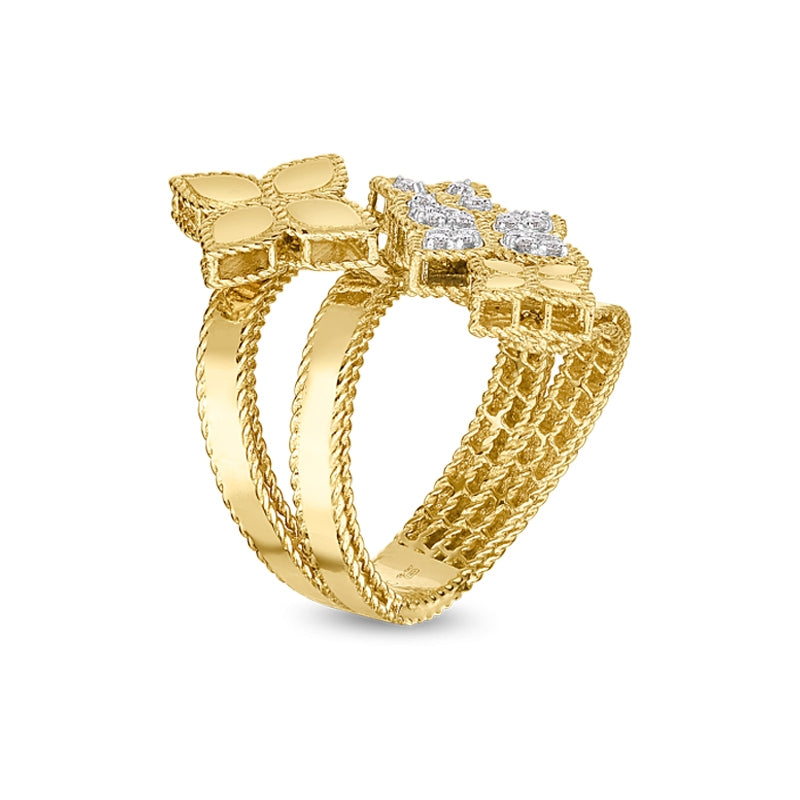 Roberto Coin Princess Flower Yellow Gold Four Flower Diamond Bypass Ring
