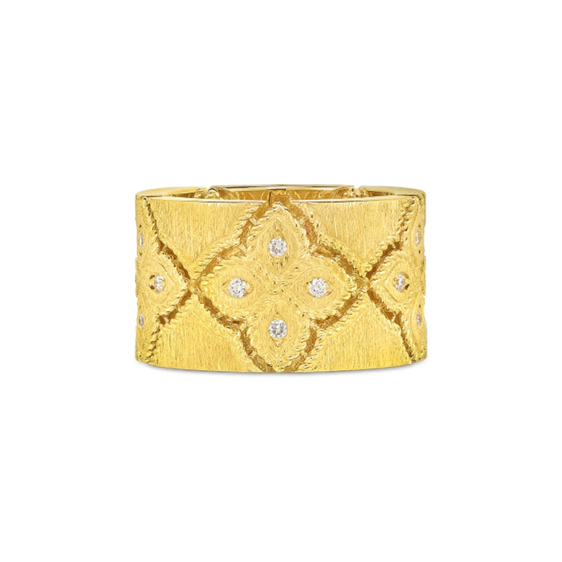 Roberto Coin Venetian Princess Satin Yellow Gold Wide Diamond Ring