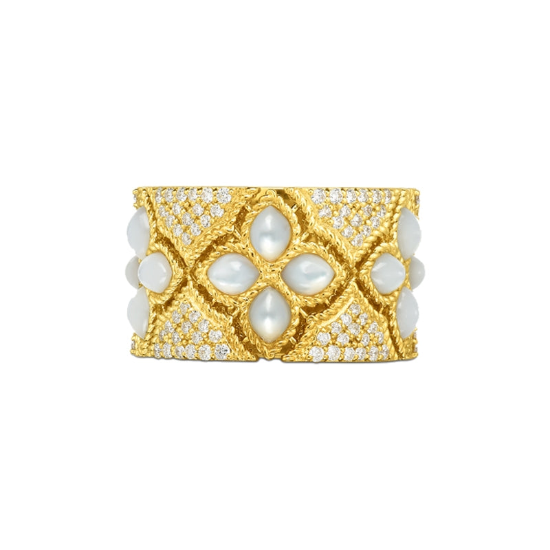 Roberto Coin Venetian Princess Yellow Gold Wide Mother of Pearl & Diamond Flower Band Ring