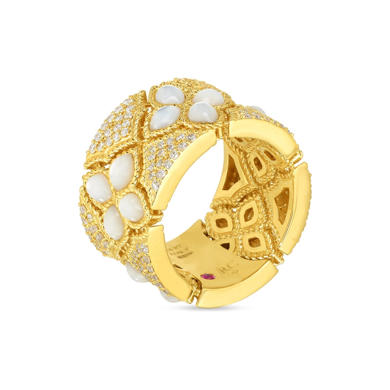 Roberto Coin Venetian Princess Yellow Gold Wide Mother of Pearl & Diamond Flower Band Ring