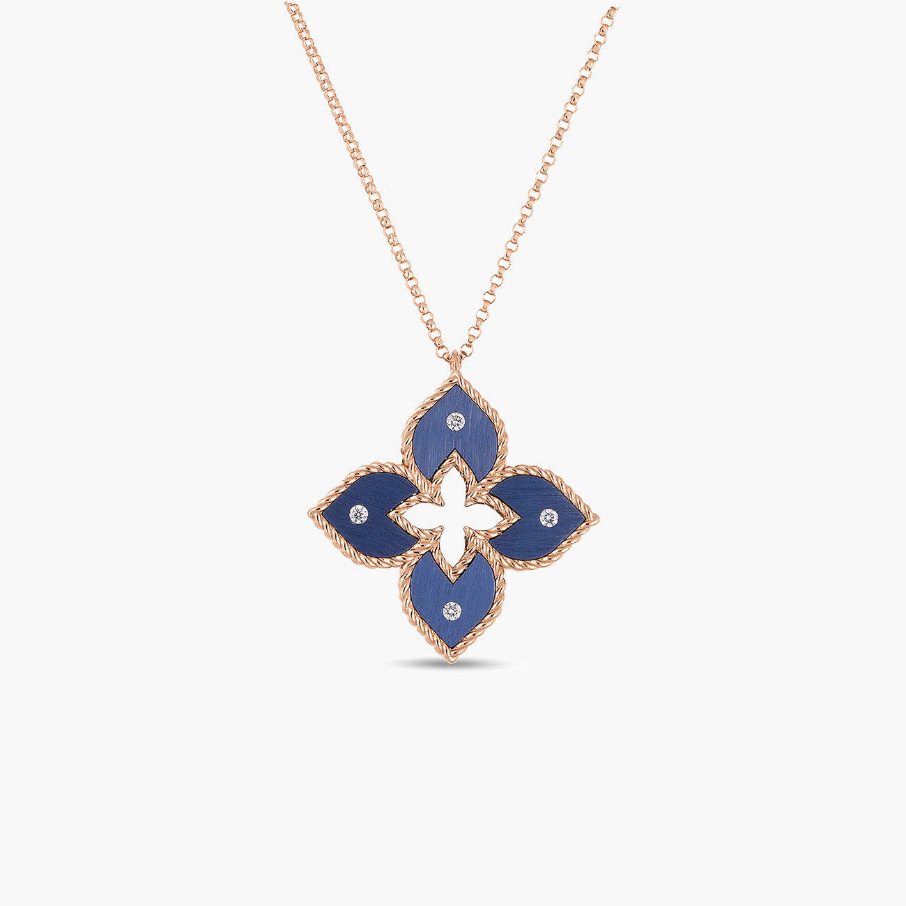 Roberto Coin Venetian Princess Rose Gold Small Diamond Flower Necklace with Blue Titanium