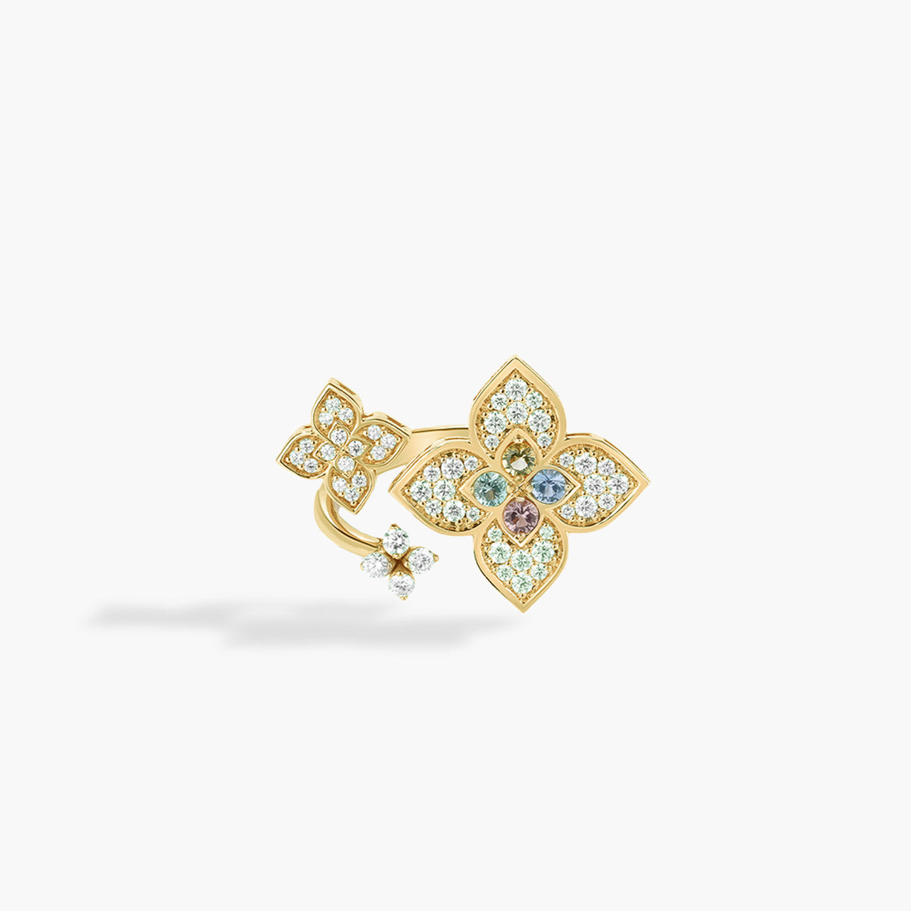 Roberto Coin Venetian Princess Carnevale Mixed Gemstone Large Triple Flower Pave Ring in 18K Yellow Gold