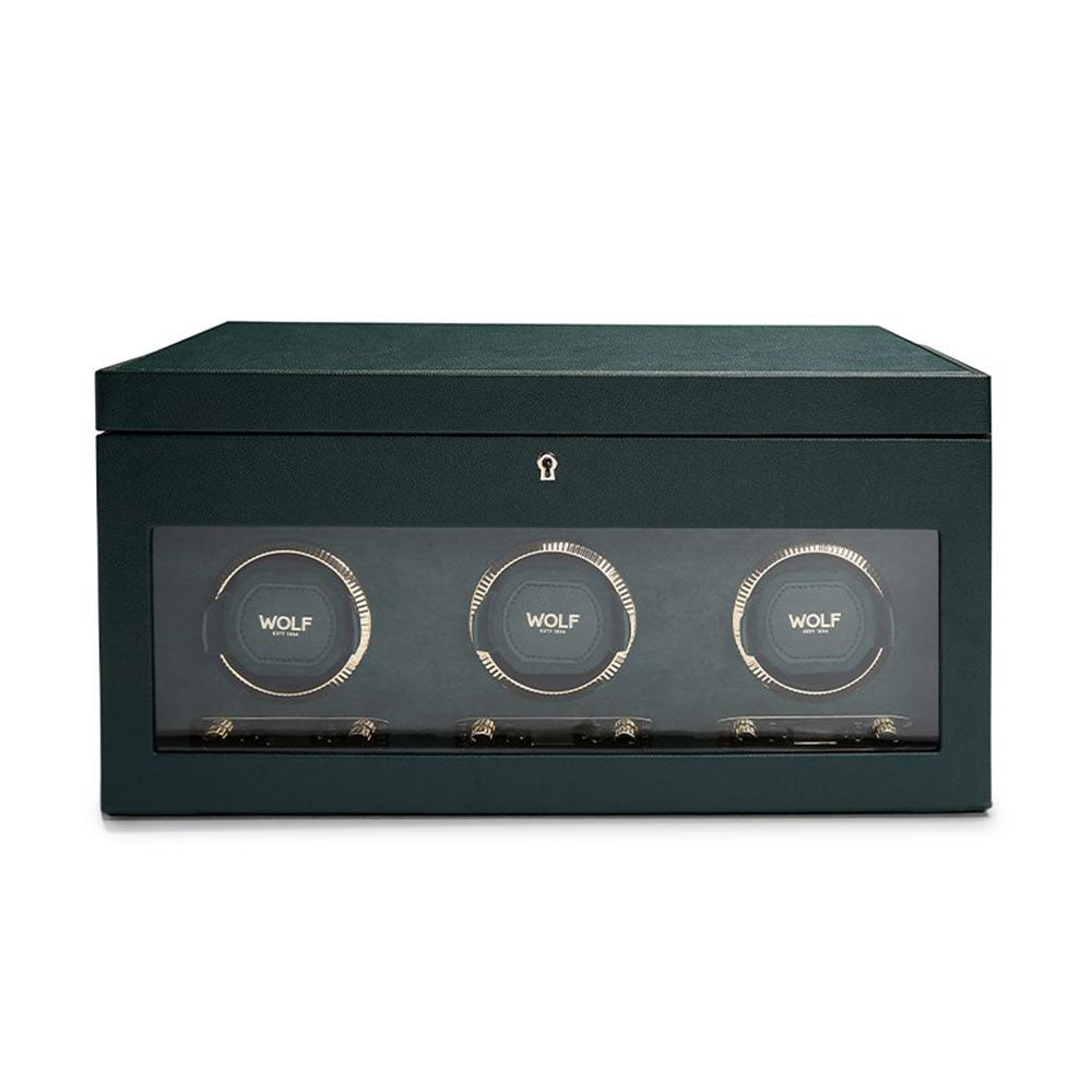Wolf British Racing Green Triple Watch Winder with Storage