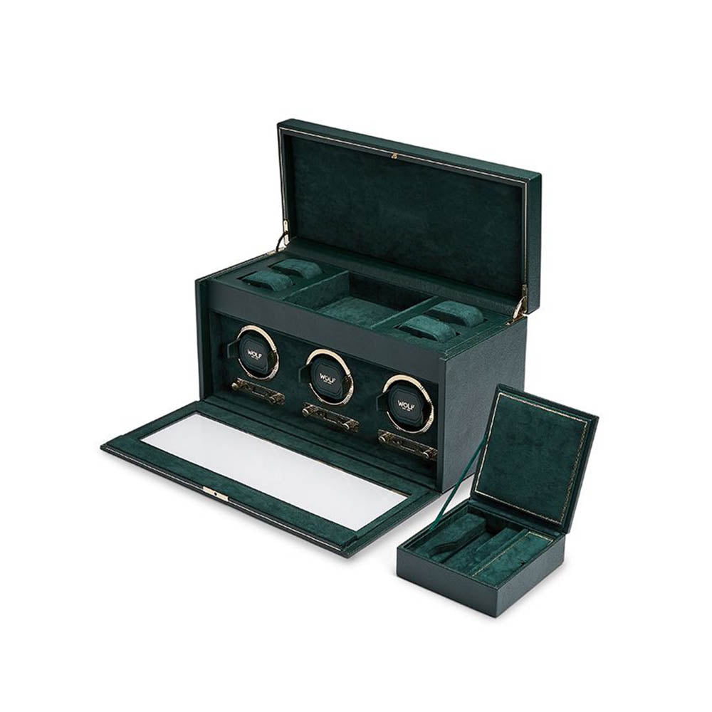 Wolf British Racing Green Triple Watch Winder with Storage