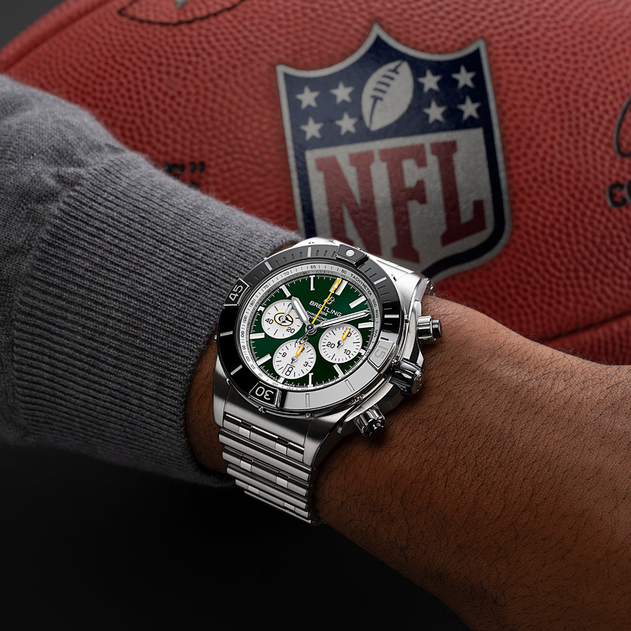 Breitling Super Chronomat B01 44 Green Bay Packers Stainless Steel Watch