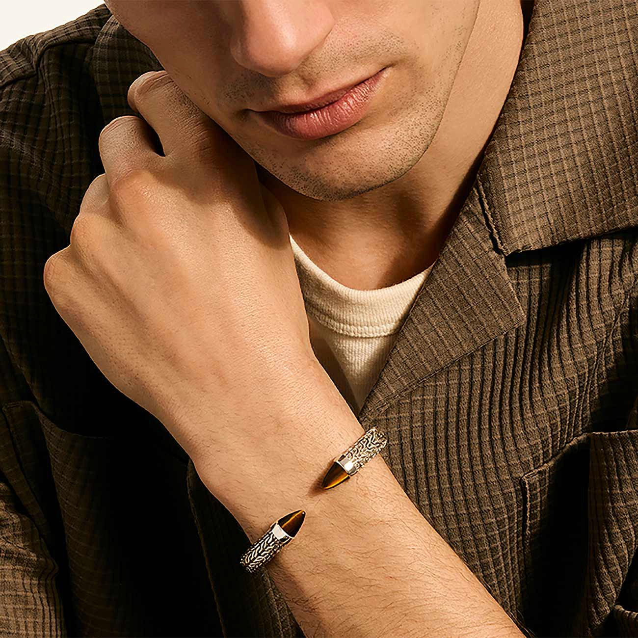 John Hardy Men's Spear 50 Tiger Eye 8.9mm Flex Cuff