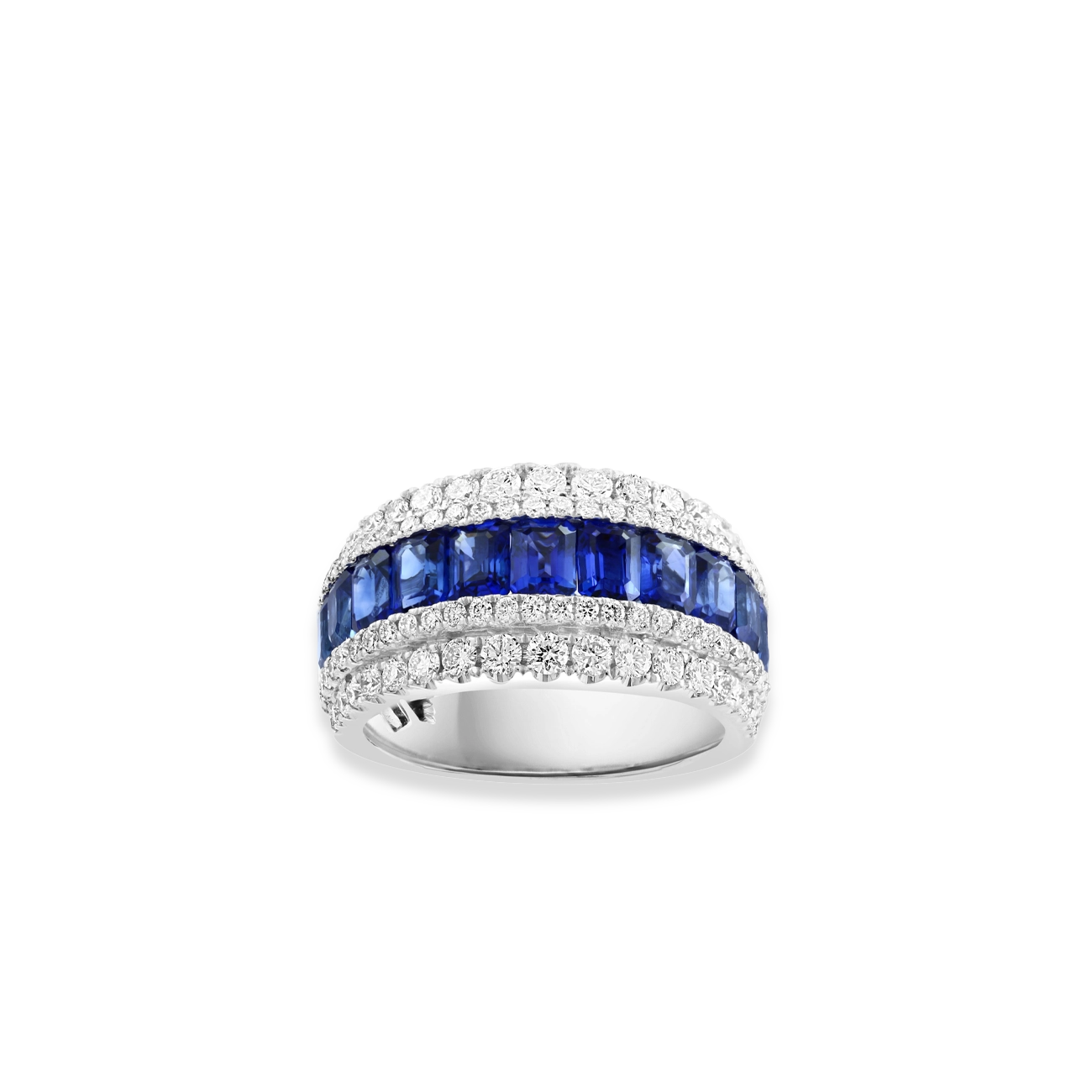 Blue Sapphire and Diamond Triple Row Ring
