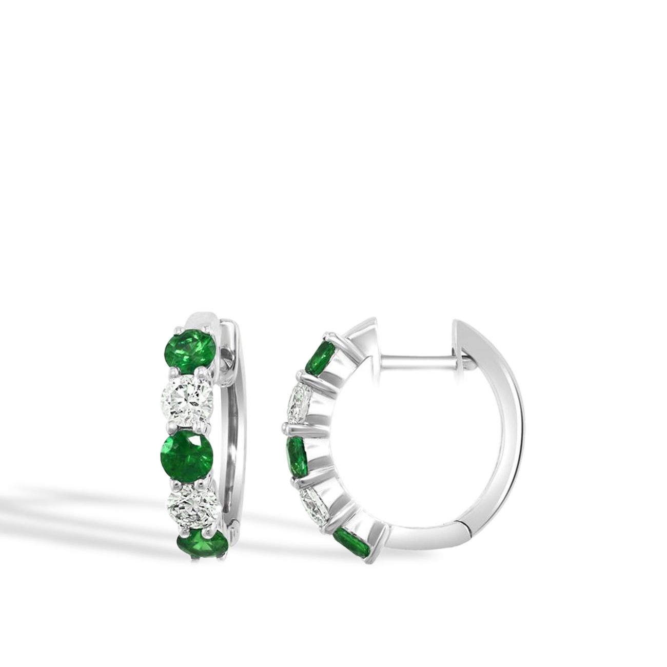 Emerald and Diamond 3.3mm Alternating Hoop Earrings