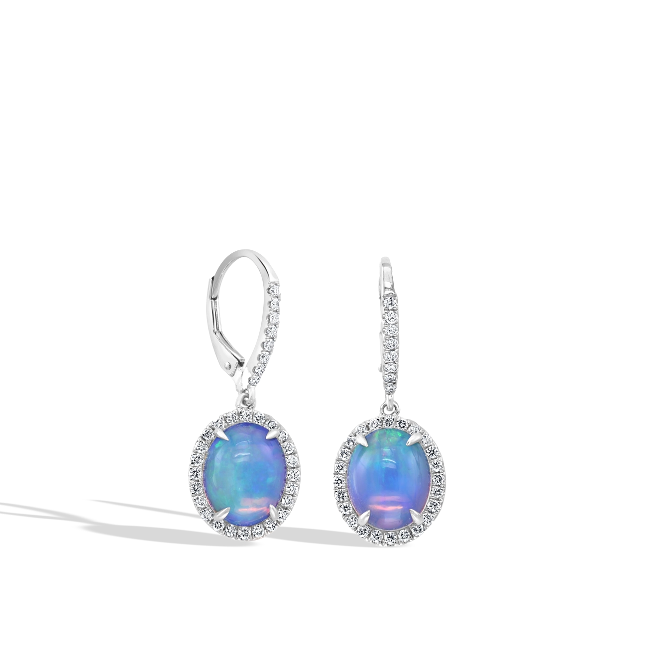 Oval Opal Diamond Halo Drop Earrings