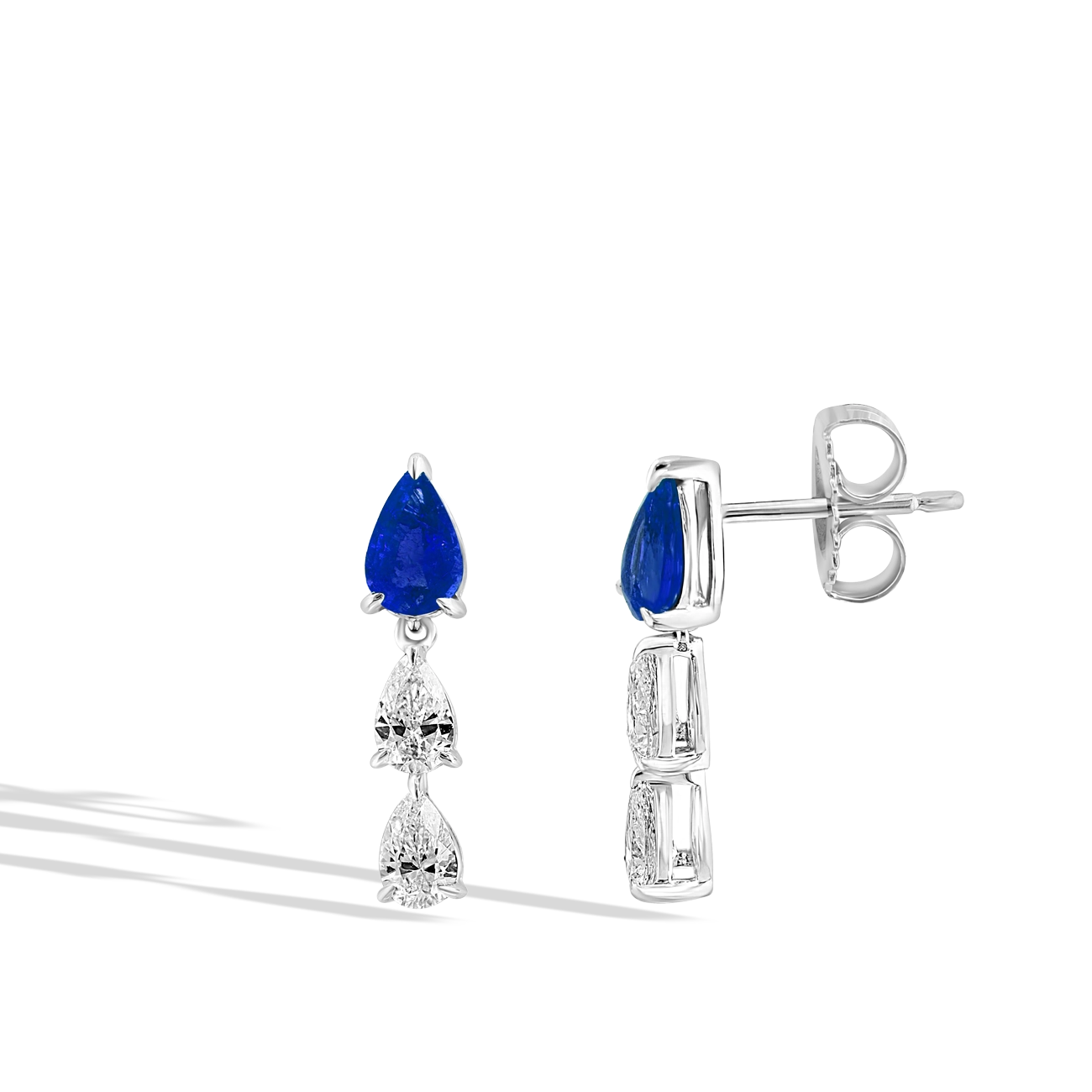 Three Tier Pear Sapphire and Diamond Cluster Drop Earrings