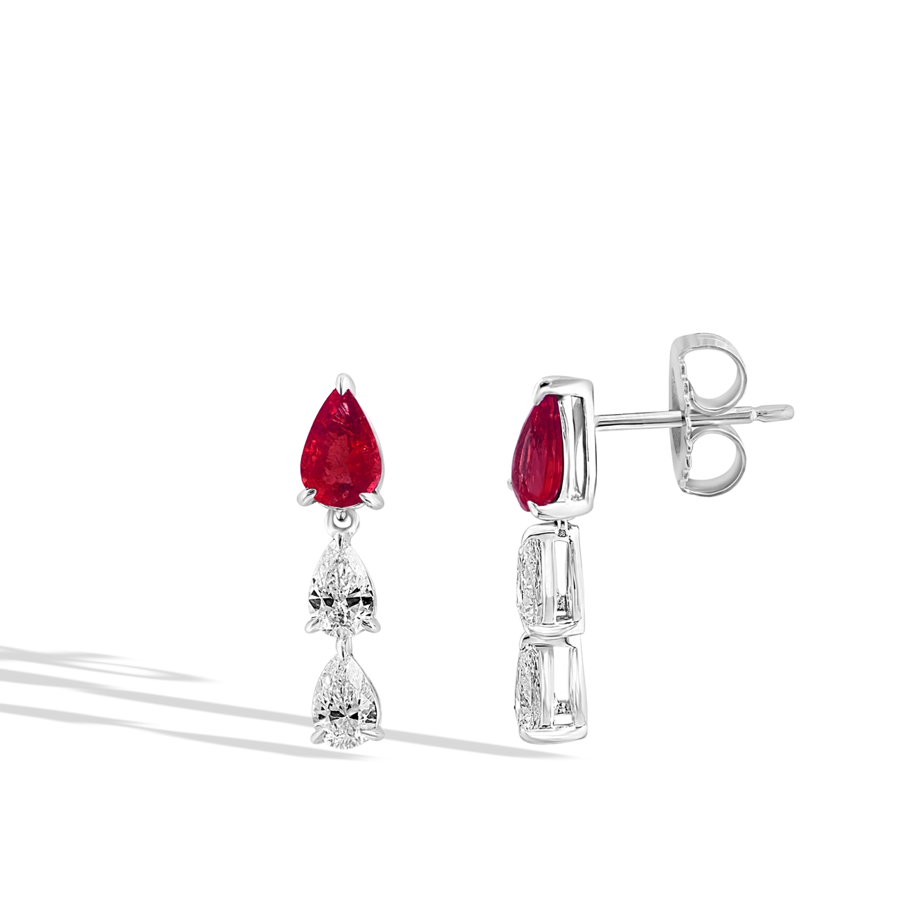 Three Tier Pear Ruby and Diamond Cluster Drop Earrings
