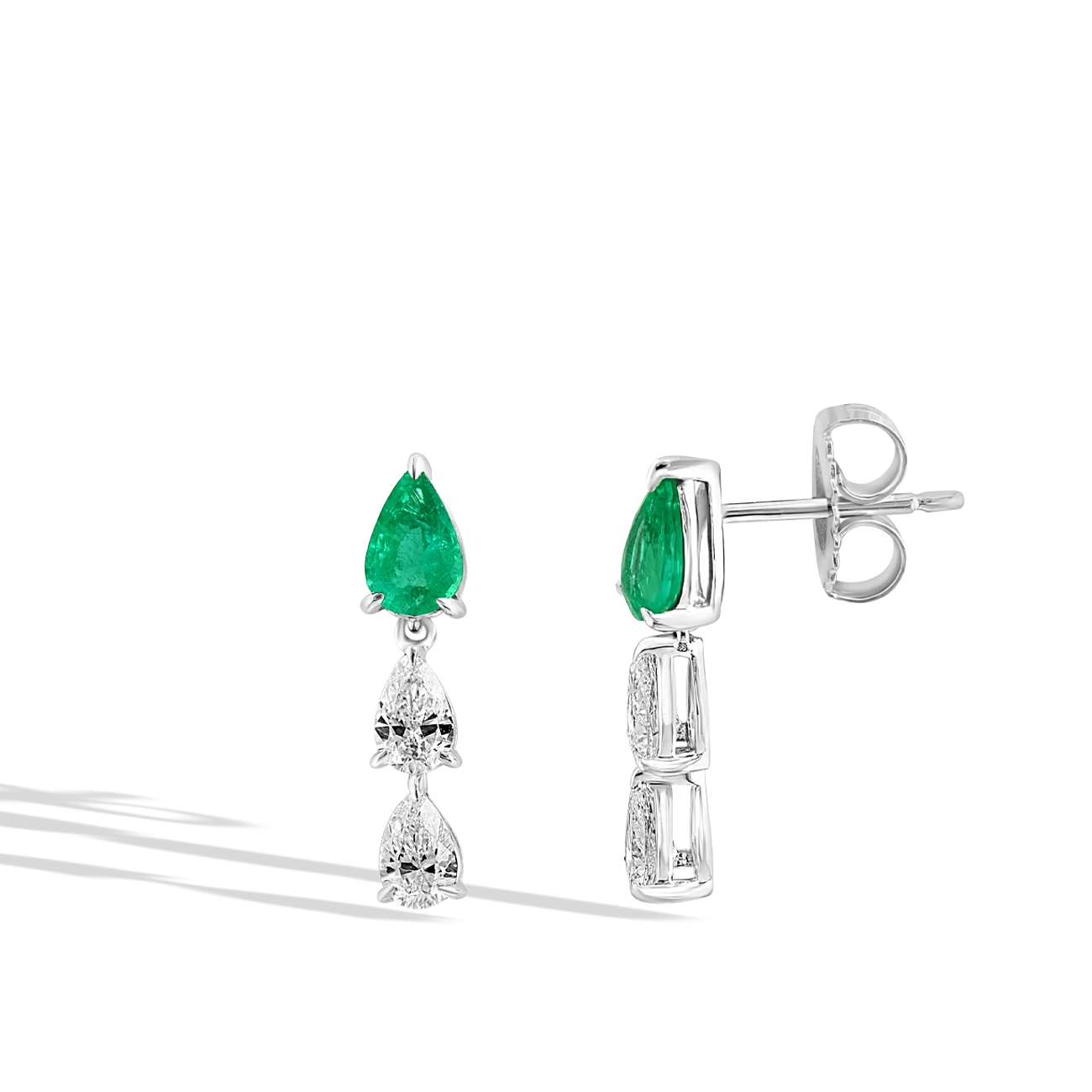 Three Tier Pear Emerald and Diamond Cluster Drop Earrings