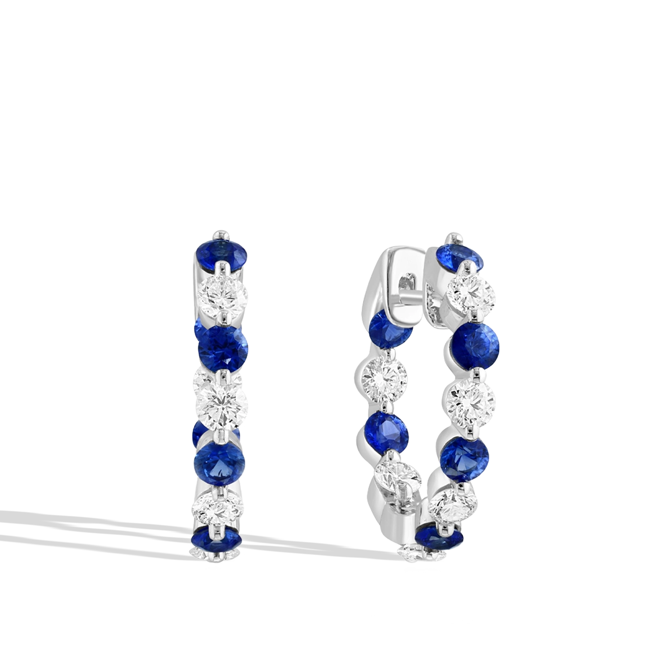 Blue Sapphire and Diamond 2.8mm Alternating Hoop Earrings