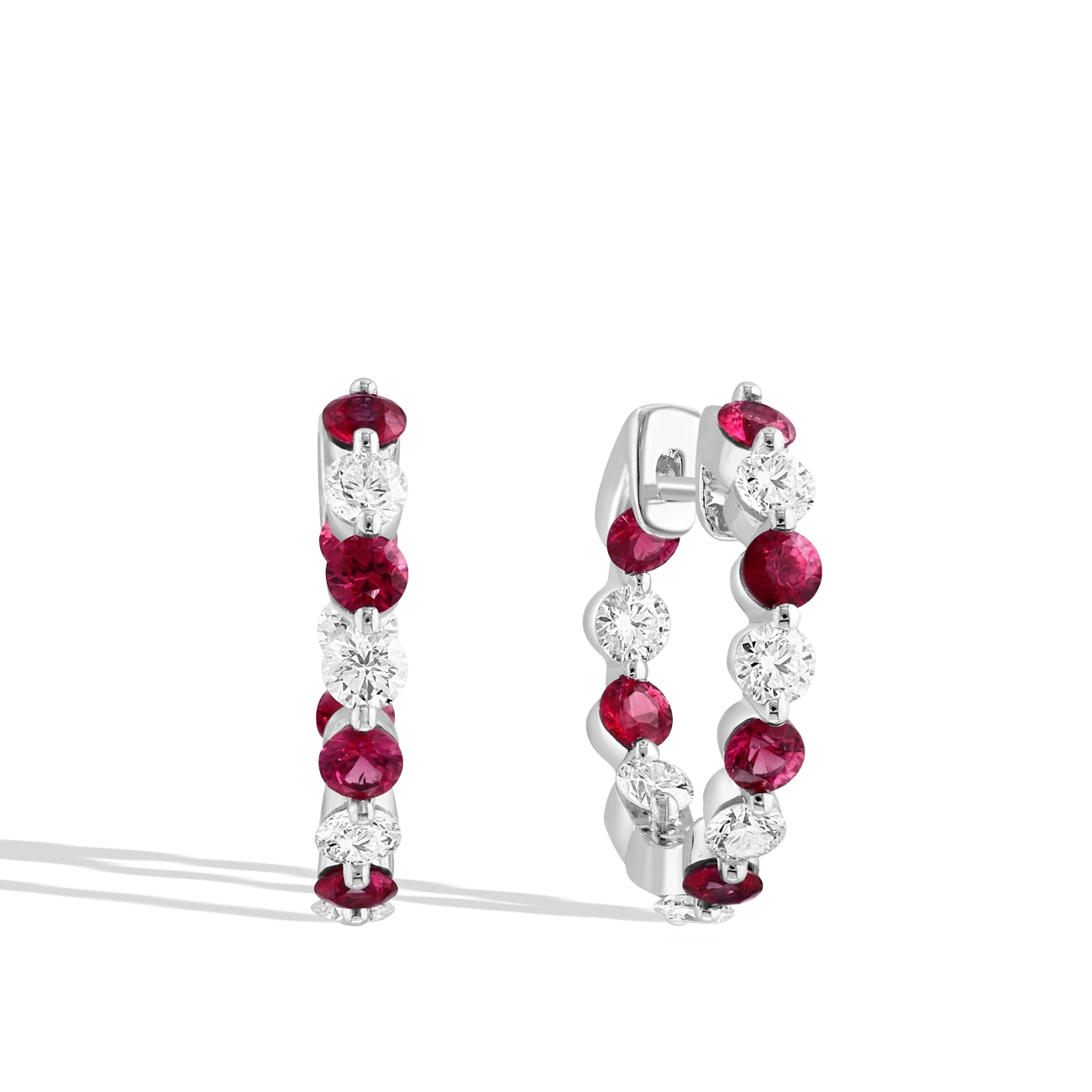 Ruby and Diamond 2.8mm Alternating Hoop Earrings