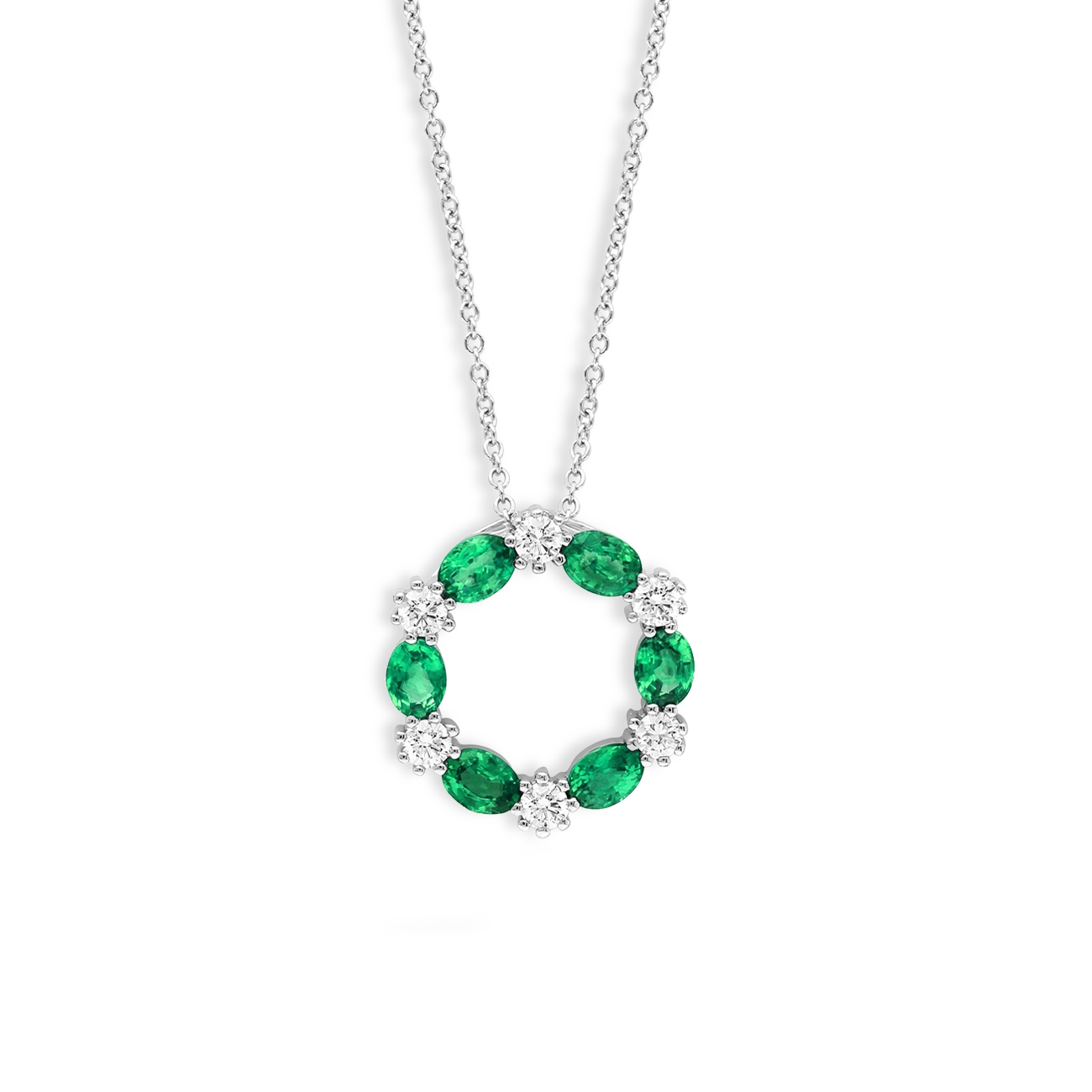 Emerald and Diamond Alternating Circle Pendant Necklace
