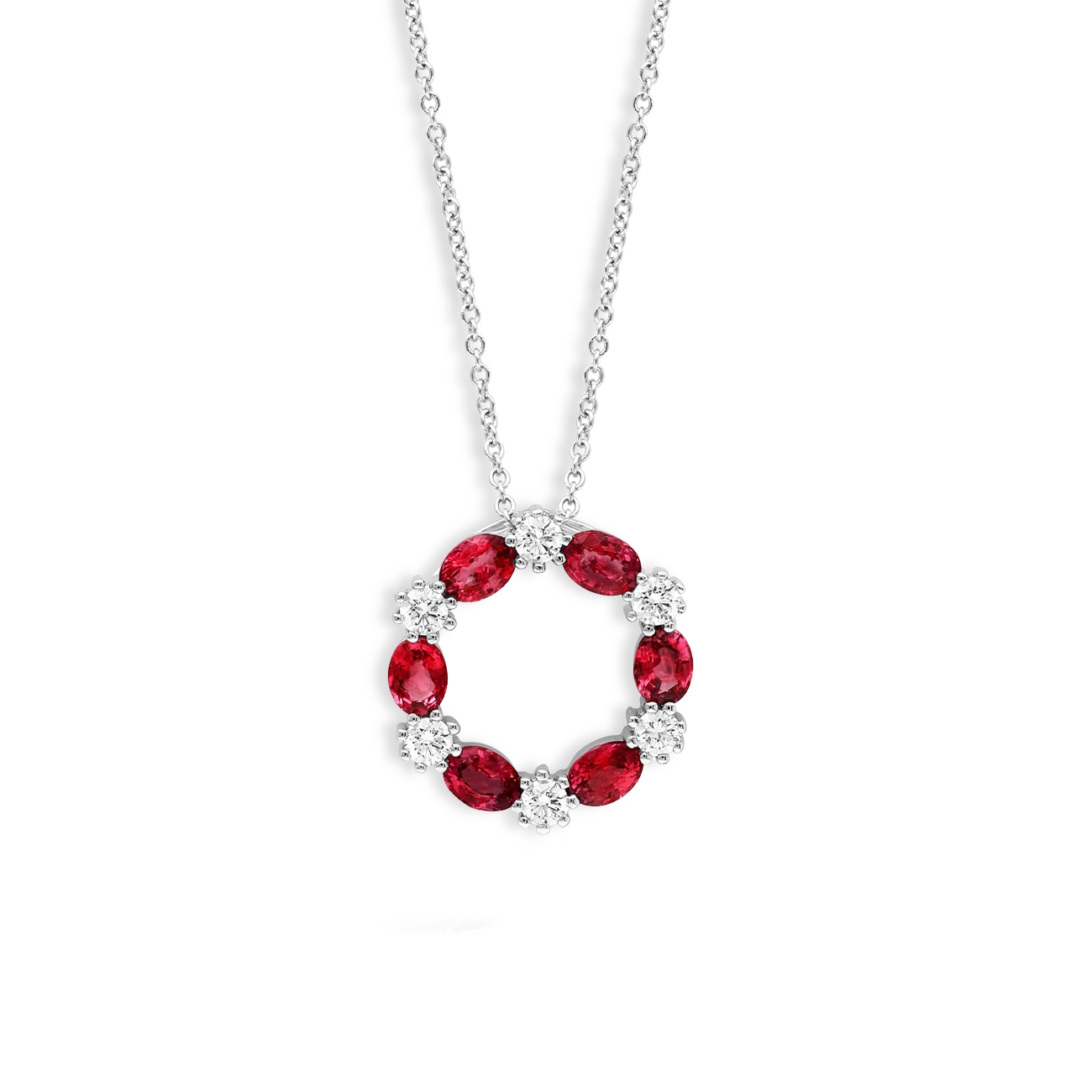 Ruby and Diamond Alternating Circle Pendant Necklace