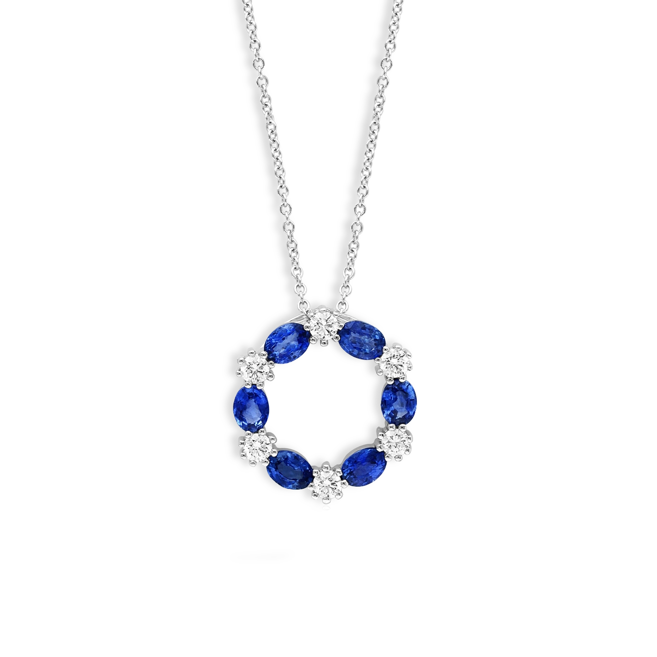 Blue Sapphire and Diamond Alternating Circle Pendant Necklace