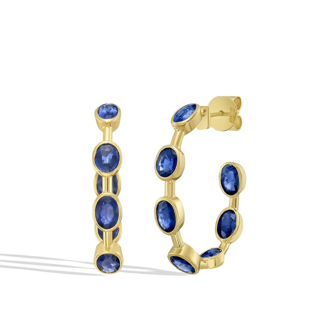 Blue Sapphire Bezel Knife Edge Hoop Earrings