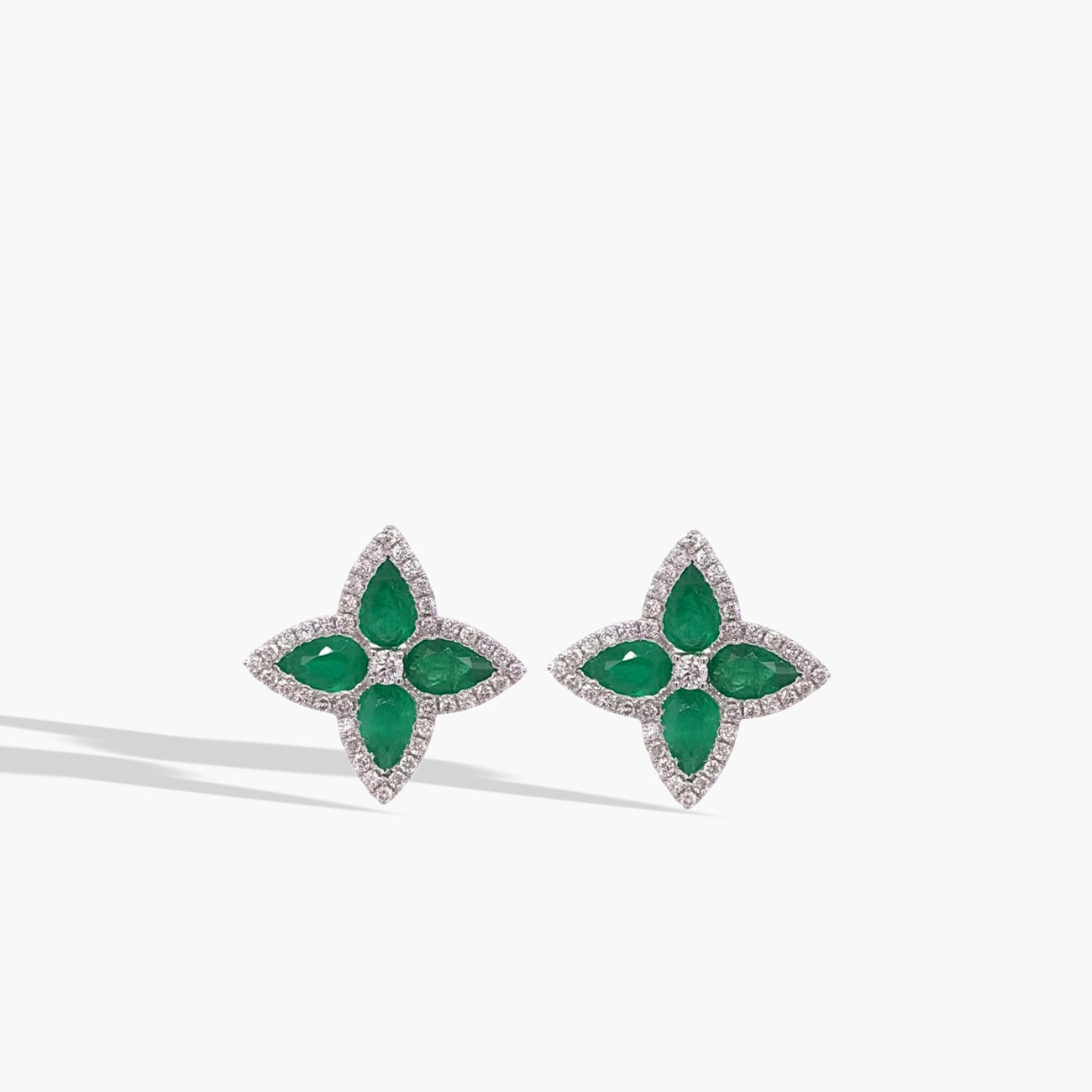 Emerald and Diamond Halo Flower Earrings