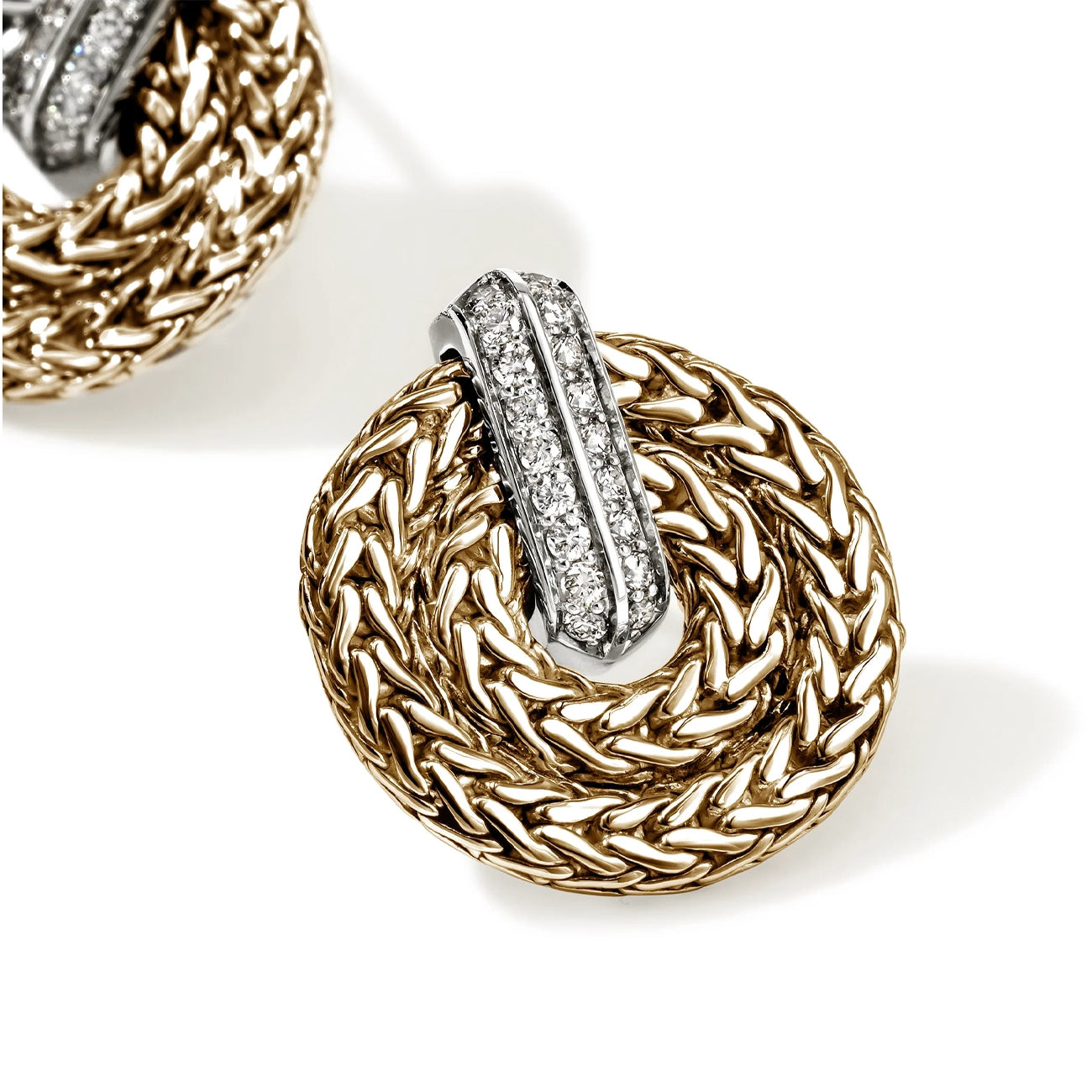 John Hardy Icon Circle Link Gold and Silver Diamond Earrings