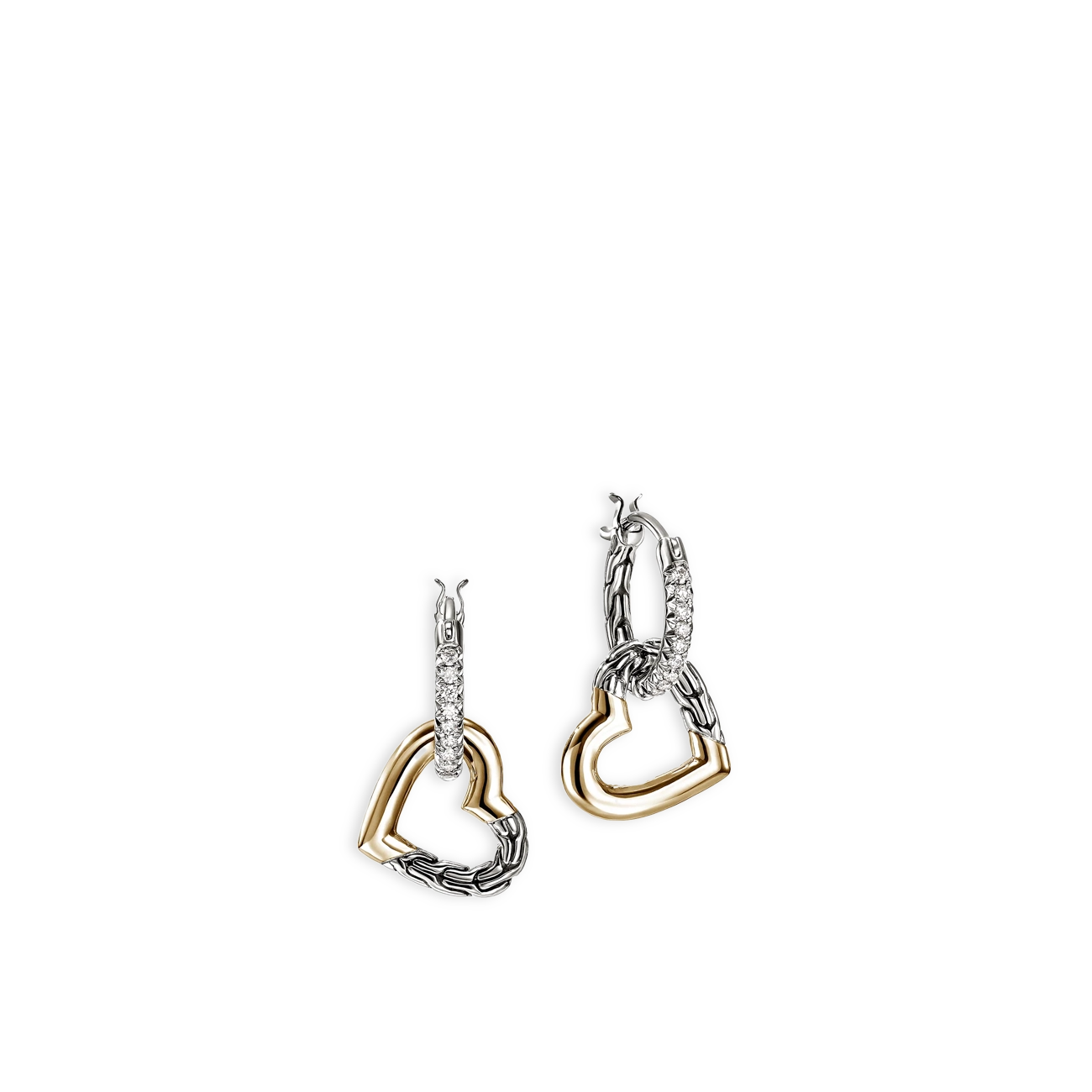 John Hardy Essentials Silver and Gold Pavé Heart Drop Earrings