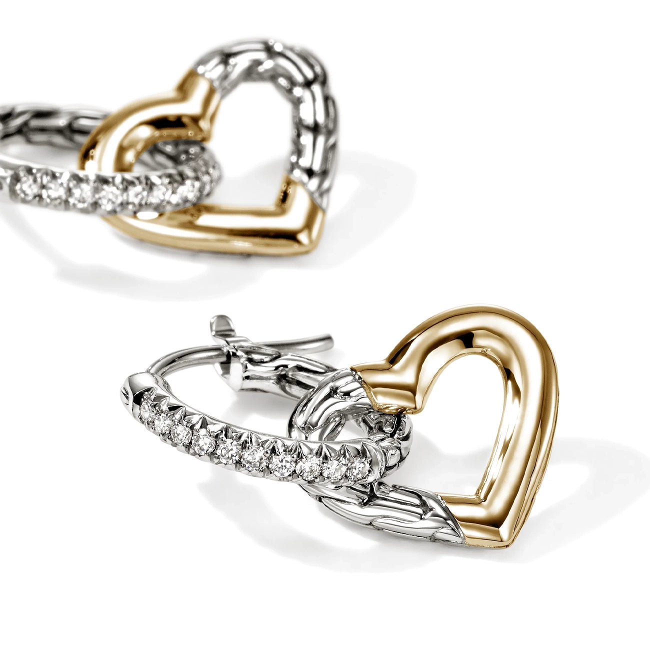 John Hardy Essentials Silver and Gold Pavé Heart Drop Earrings