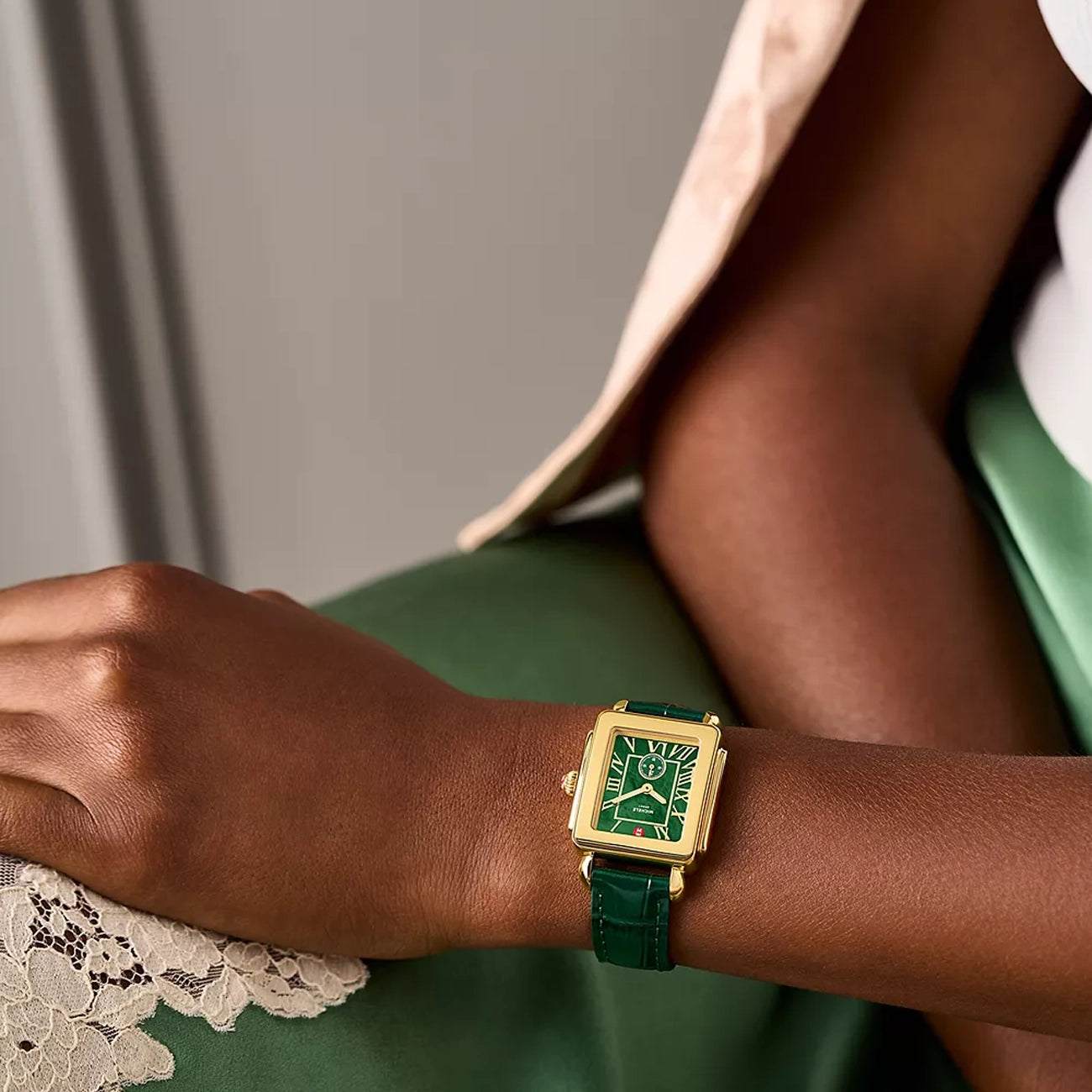 Michele Deco Sport Mid Lush Green Leather Watch