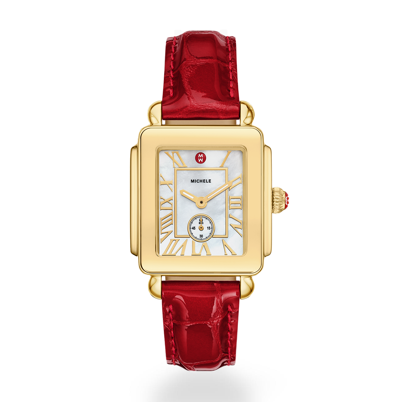 Michele Deco Sport Mid Gold Plated Watch with Red Leather Strap
