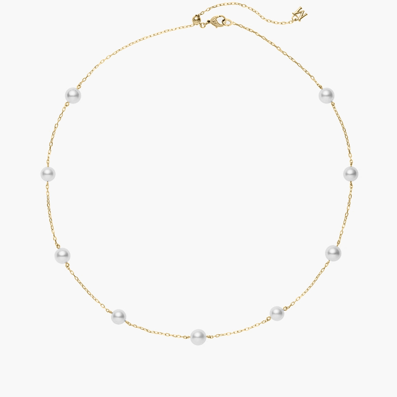 Mikimoto Akoya pearl necklace featuring eight gray cultured pearls evenly spaced along an 18k yellow gold chain with a lobster clasp closure