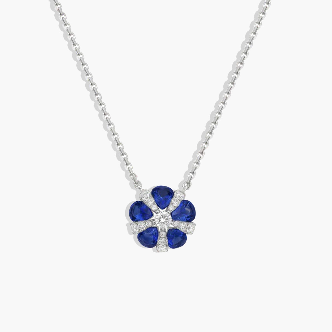 Blue Sapphire and Diamond Flower Pendant Necklace