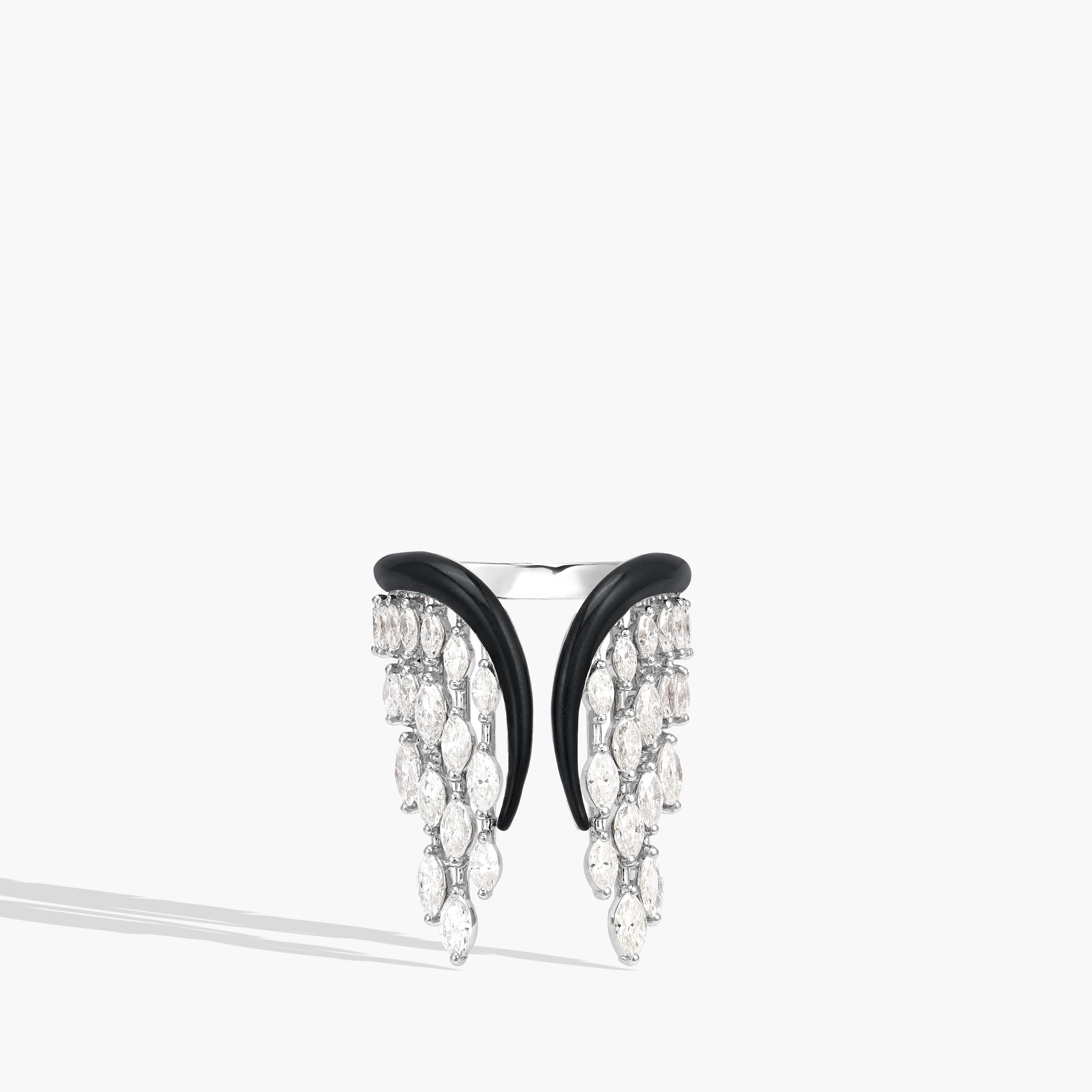 Kamyen Black Enamel Diamond Angel Wing Ring