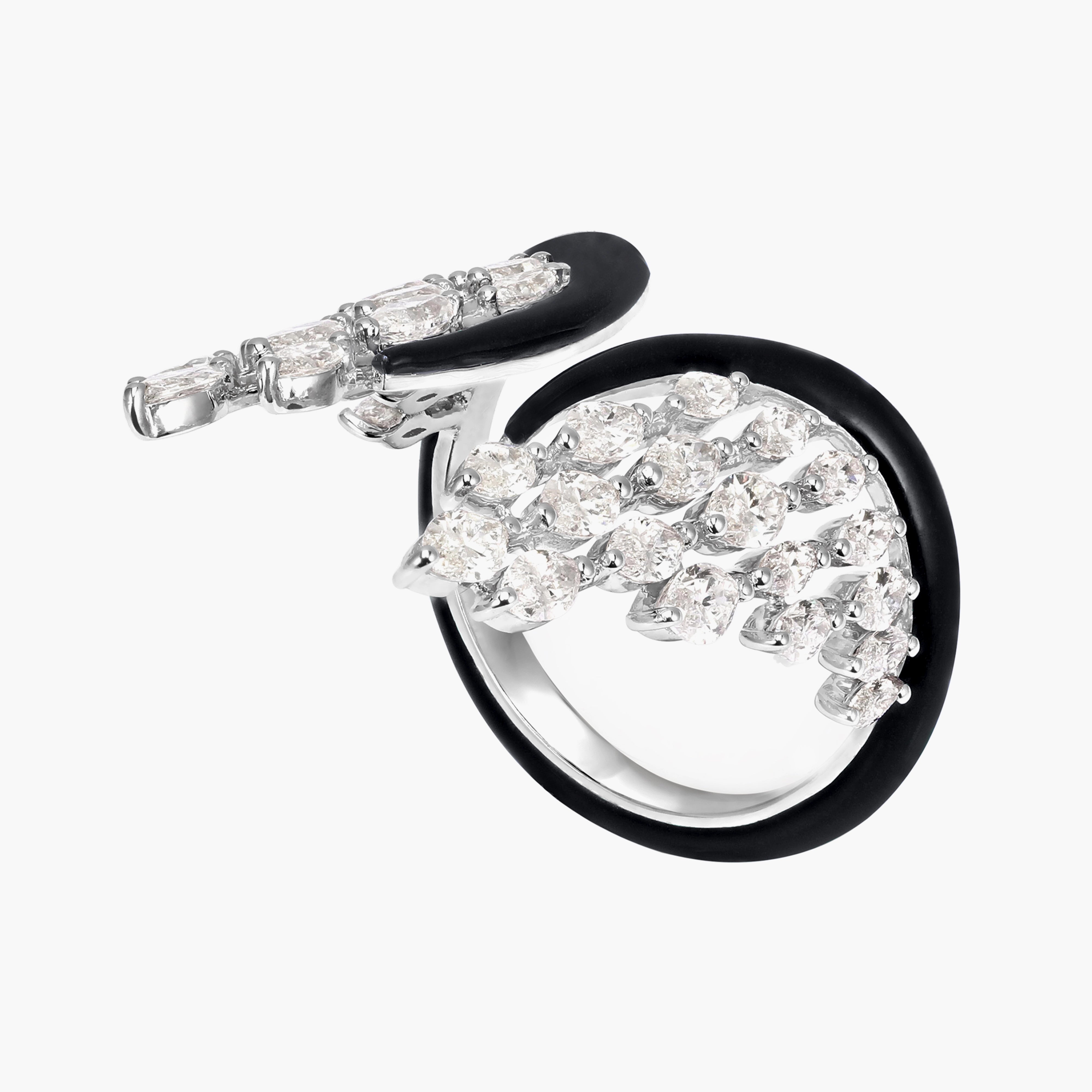 Kamyen Black Enamel Diamond Angel Wing Ring