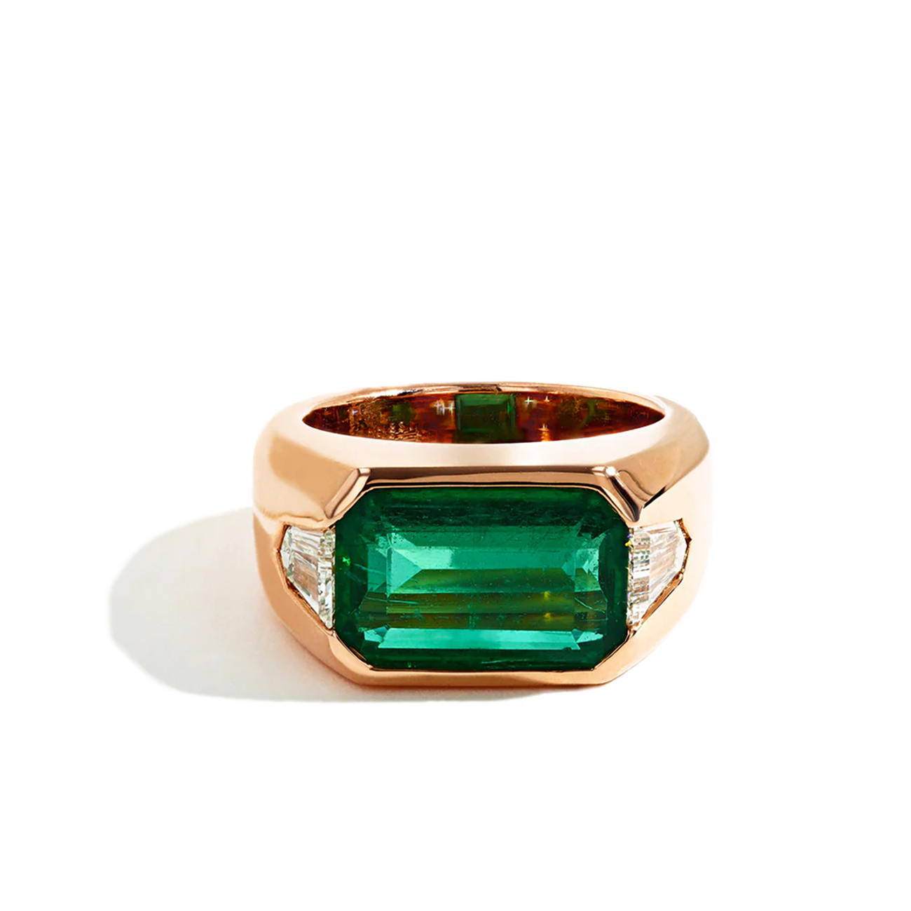 9 Carat Octagon Emerald and Bullet Diamond Signet Ring