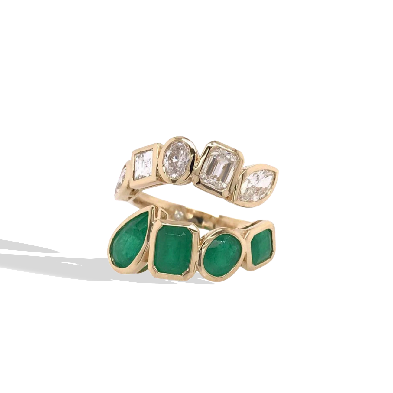 Fancy Shape Emerald and Diamond Bypass Ring