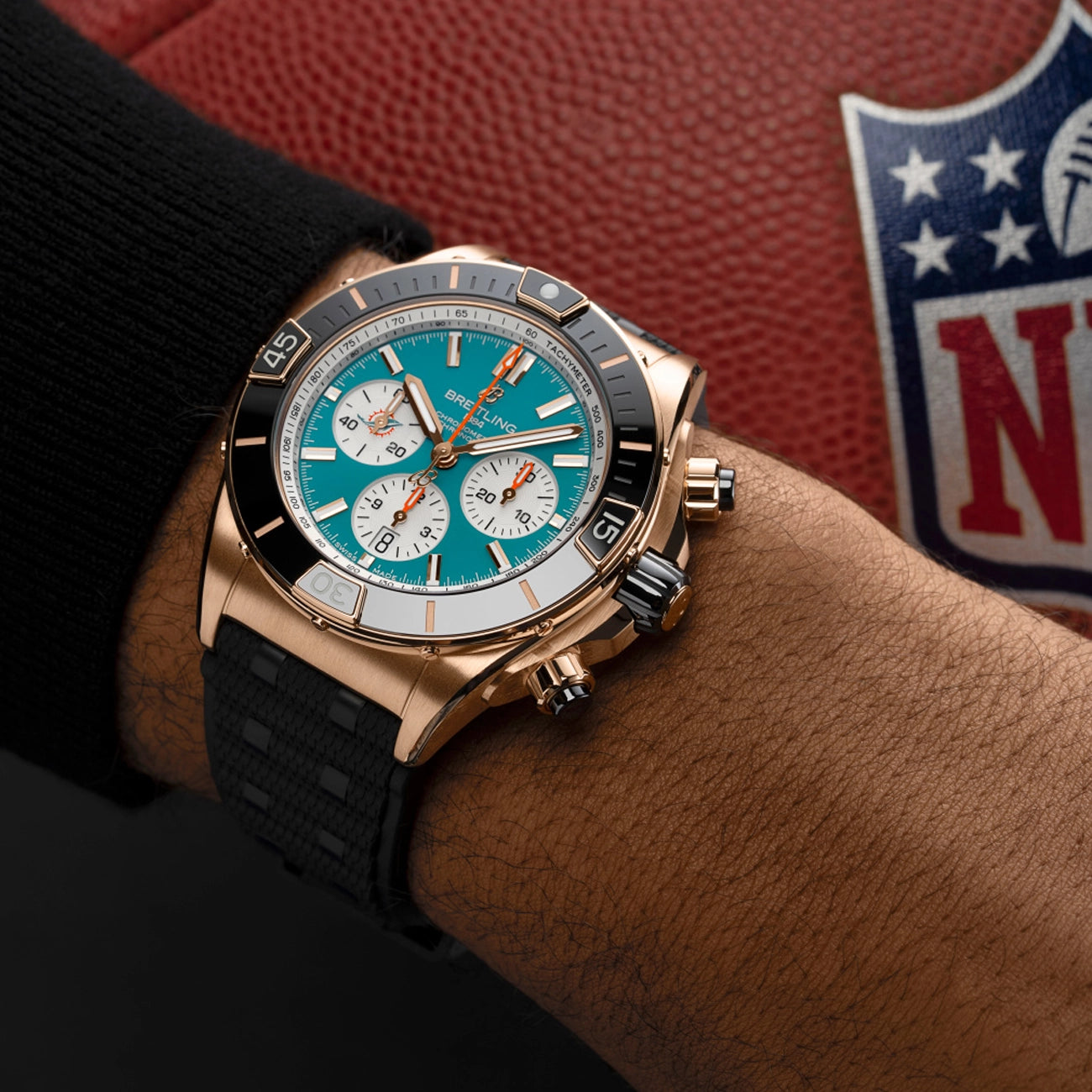 Breitling Super Chronomat B01 44 Miami Dolphins Red Gold Watch