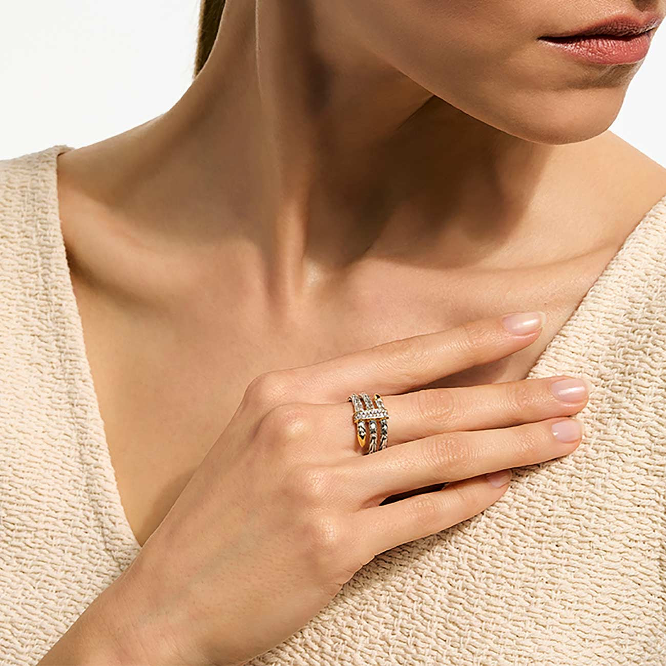 John Hardy Spear Two Tone Diamond Double Wrap Ring