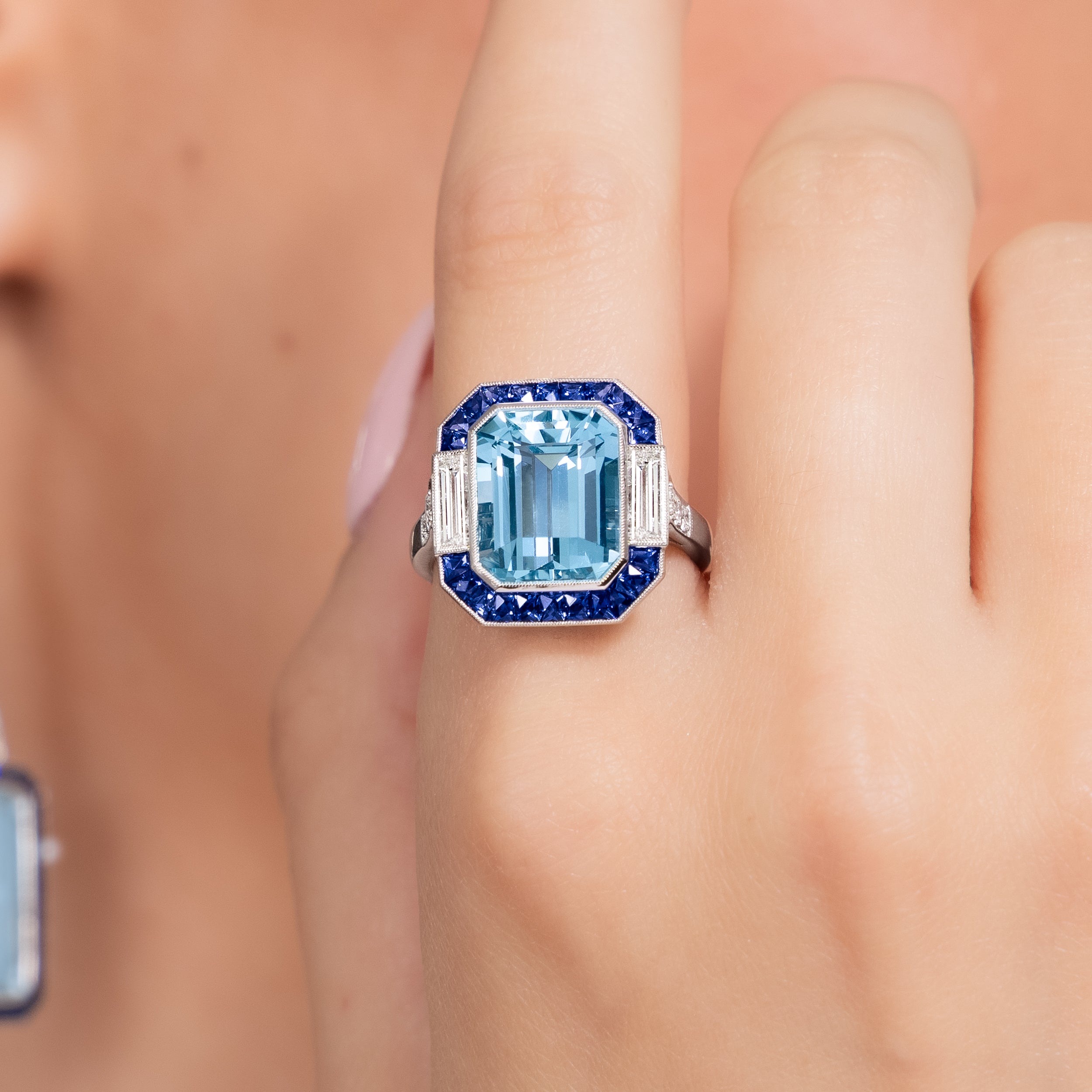 4 Carat Aquamarine and Blue Sapphire Ring