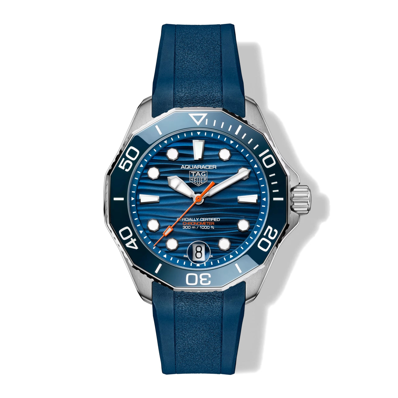 Blue watch with a silver bezel on a white background