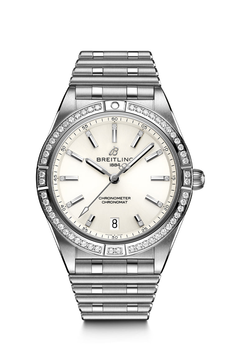 Breitling Chronomat 36 in Steel With White Dial and Diamond Bezel